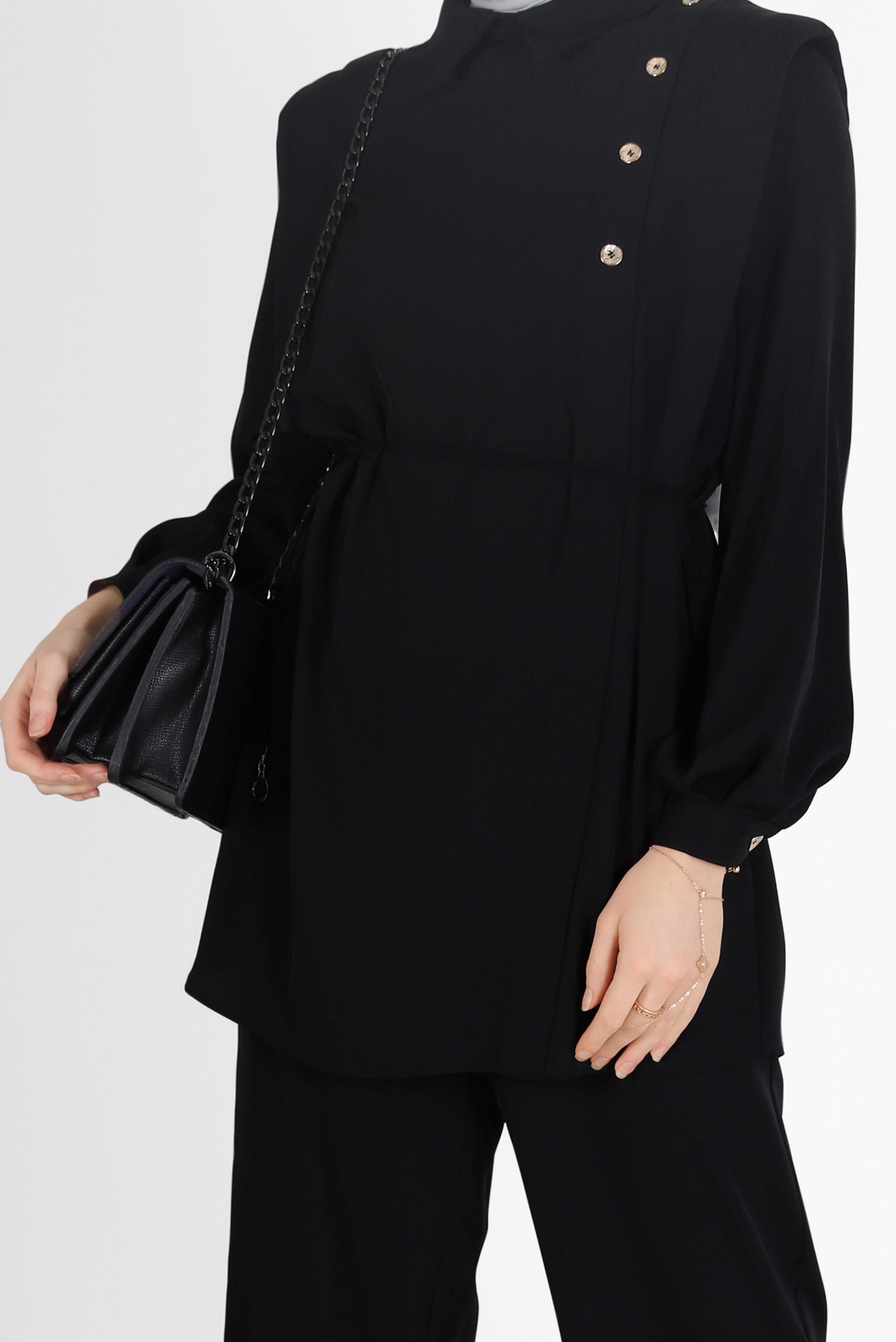 Tesettür giyim SİYAH BELİ BAĞLAMALI DÜĞME DETAYLI İKİLİ PANT.TAKIM 42309 