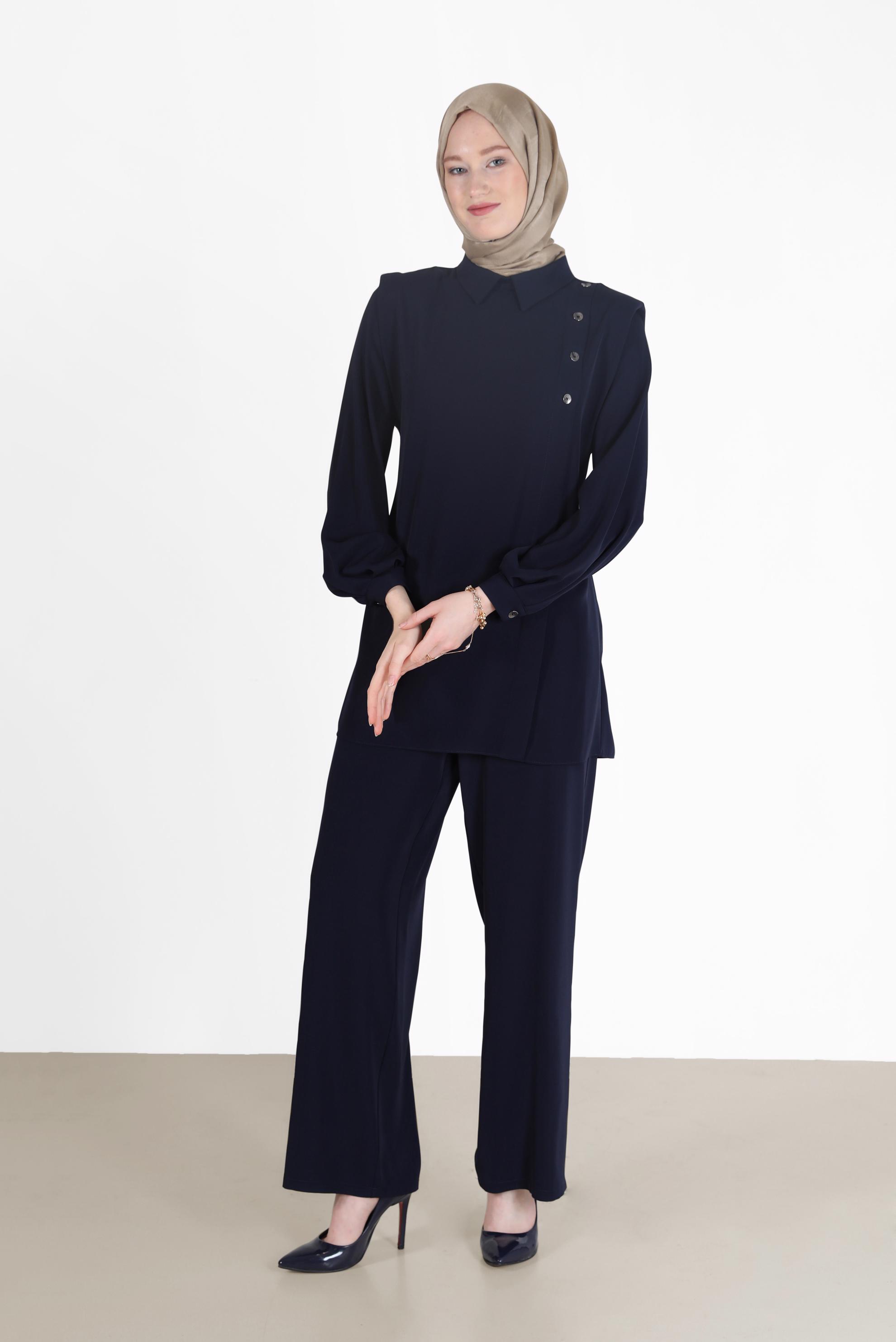 Tesettür giyim LACİVERT BELİ BAĞLAMALI DÜĞME DETAYLI İKİLİ PANT.TAKIM 42309 