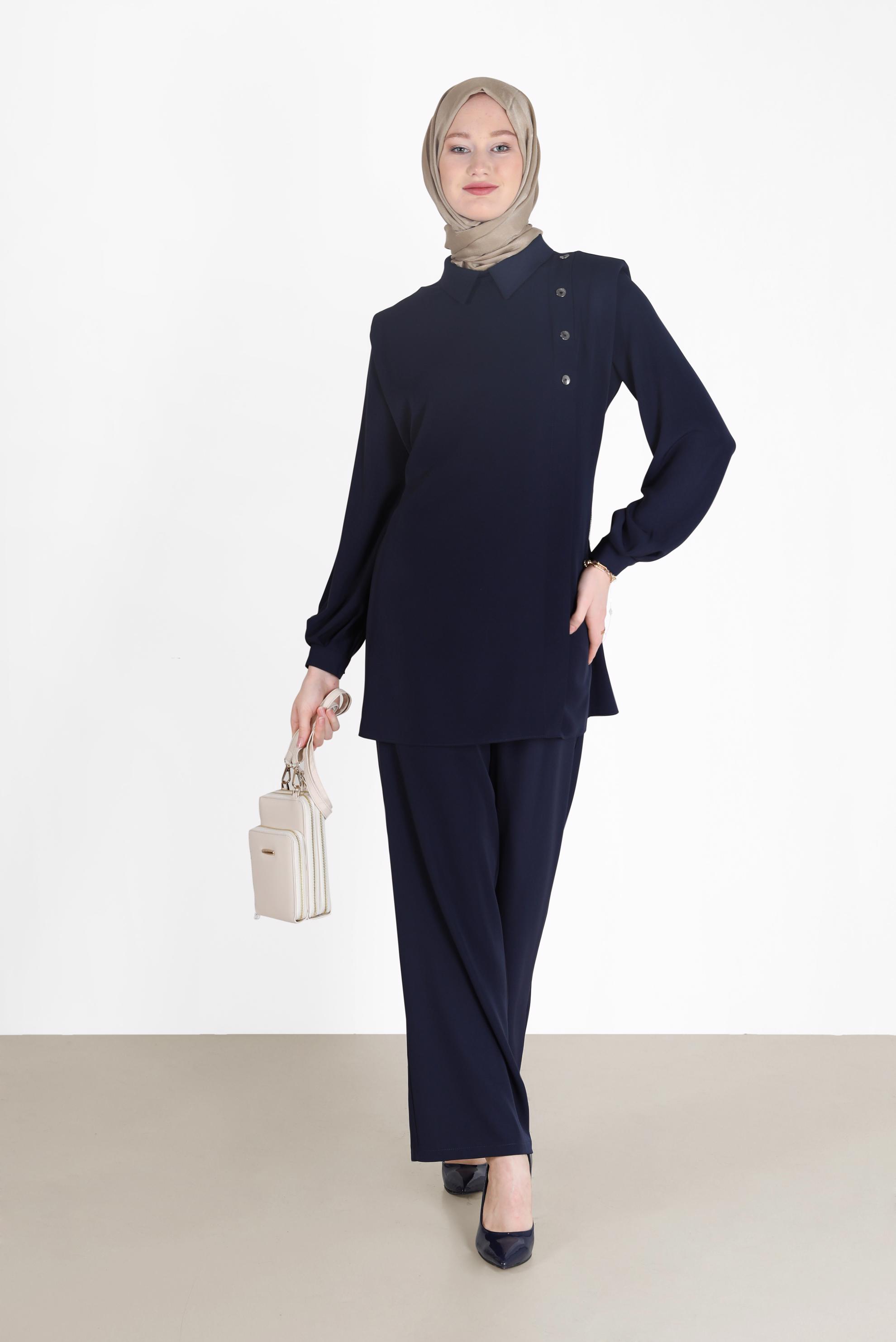 Tesettür giyim LACİVERT BELİ BAĞLAMALI DÜĞME DETAYLI İKİLİ PANT.TAKIM 42309 