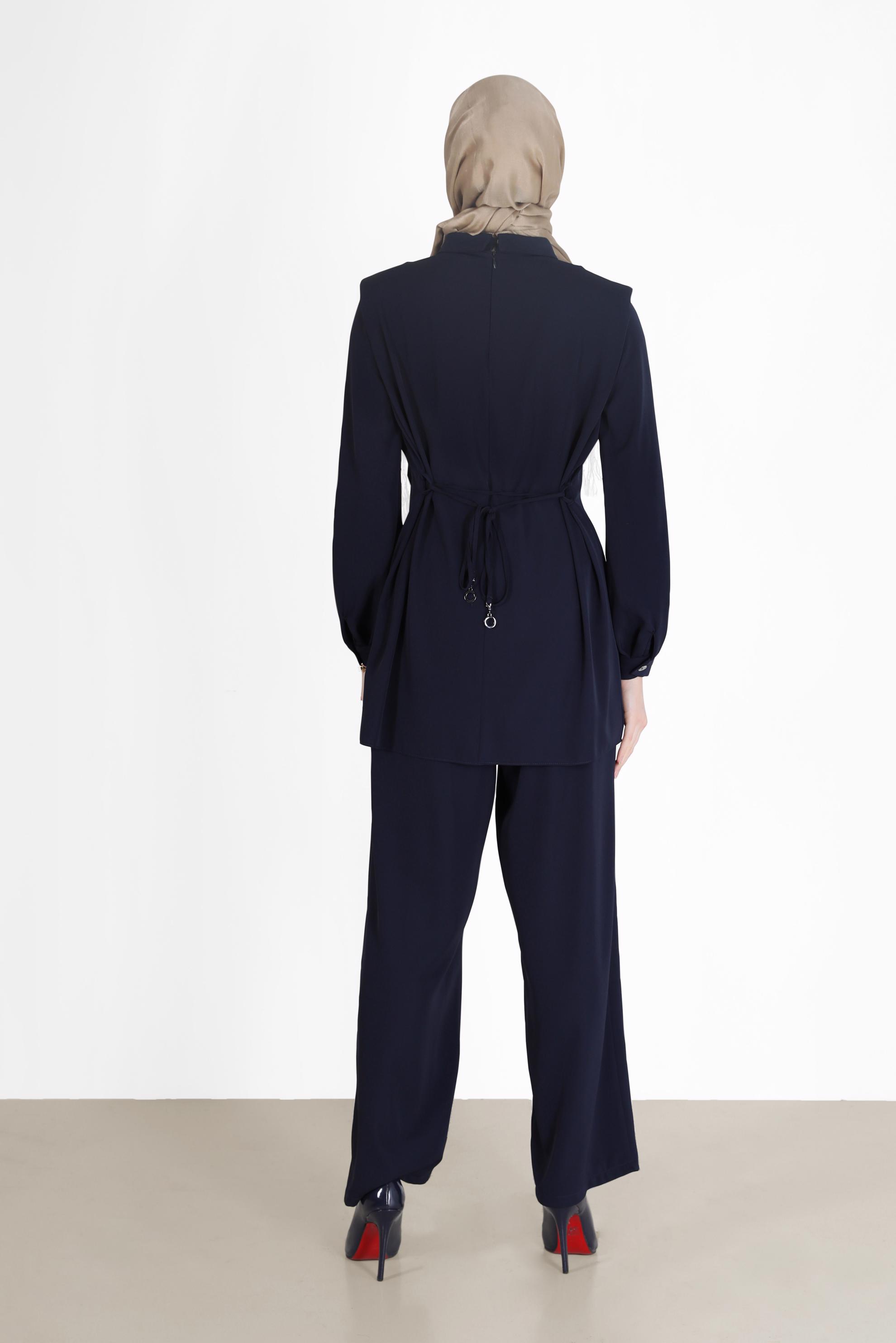 Tesettür giyim LACİVERT BELİ BAĞLAMALI DÜĞME DETAYLI İKİLİ PANT.TAKIM 42309 