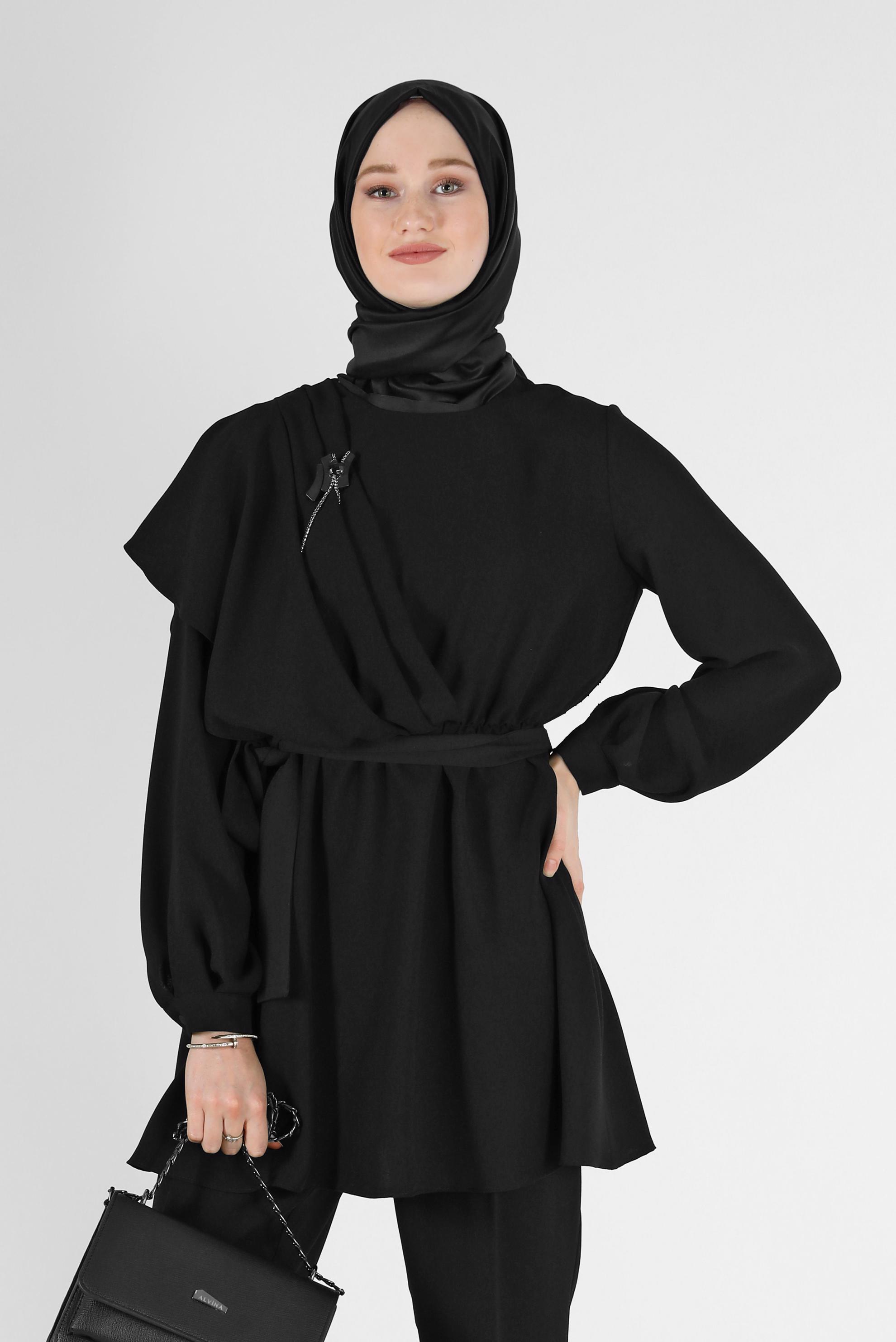 Hijab clothing BLACK BELTED ASYMMETRIC CUT 2-PIECE SUIT WITH PANTS 42310 