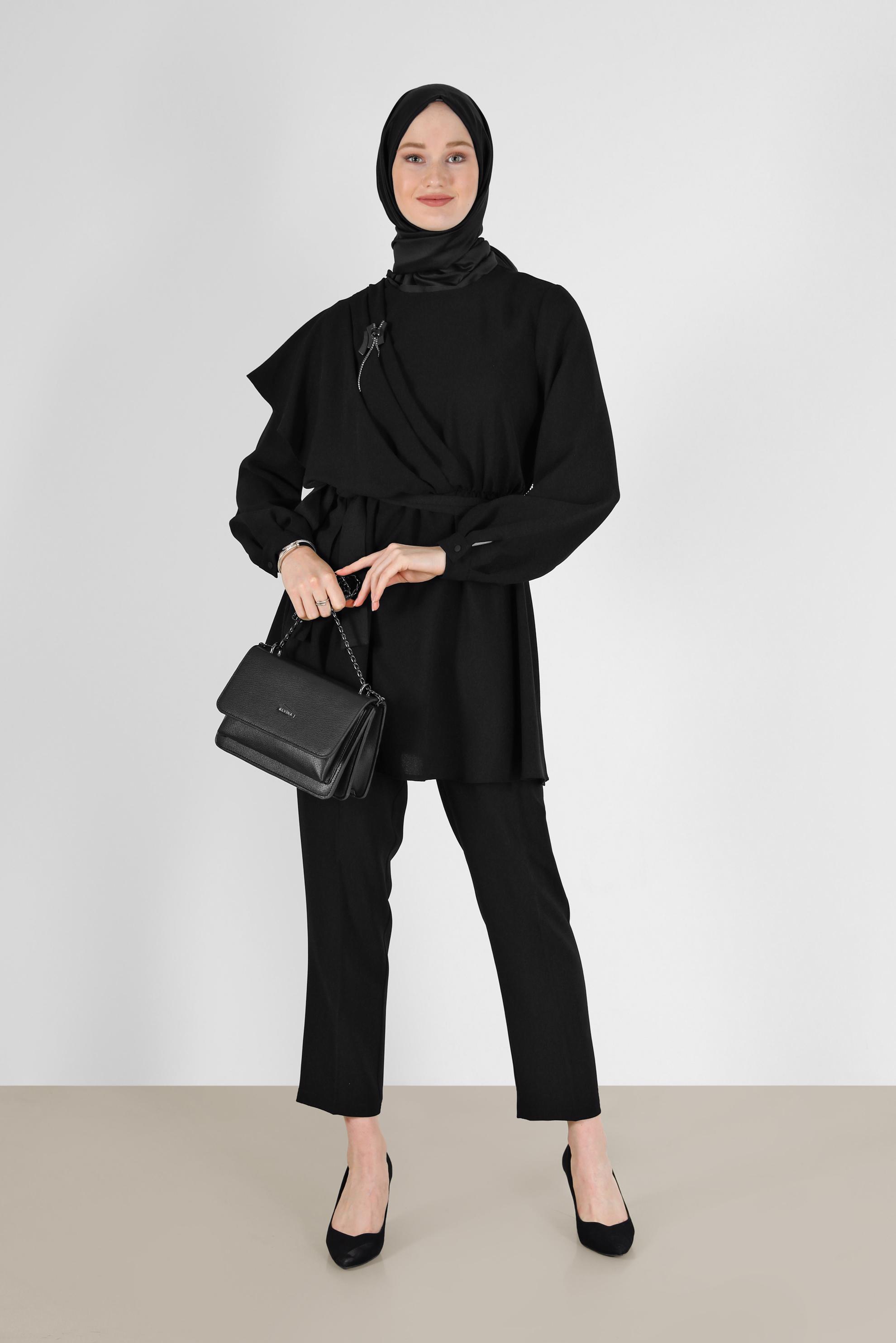 Hijab clothing BLACK BELTED ASYMMETRIC CUT 2-PIECE SUIT WITH PANTS 42310 