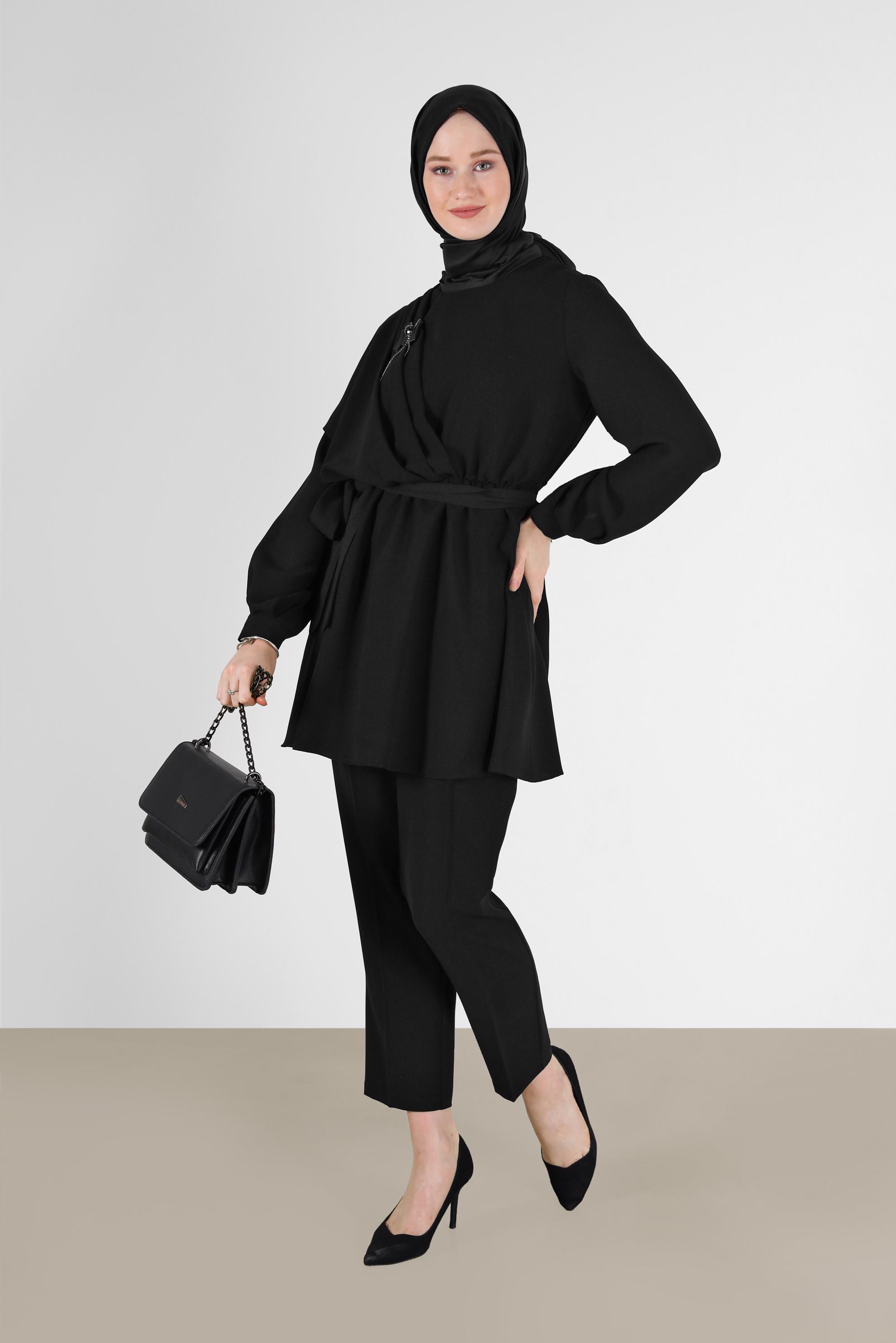 Hijab clothing BLACK BELTED ASYMMETRIC CUT 2-PIECE SUIT WITH PANTS 42310 