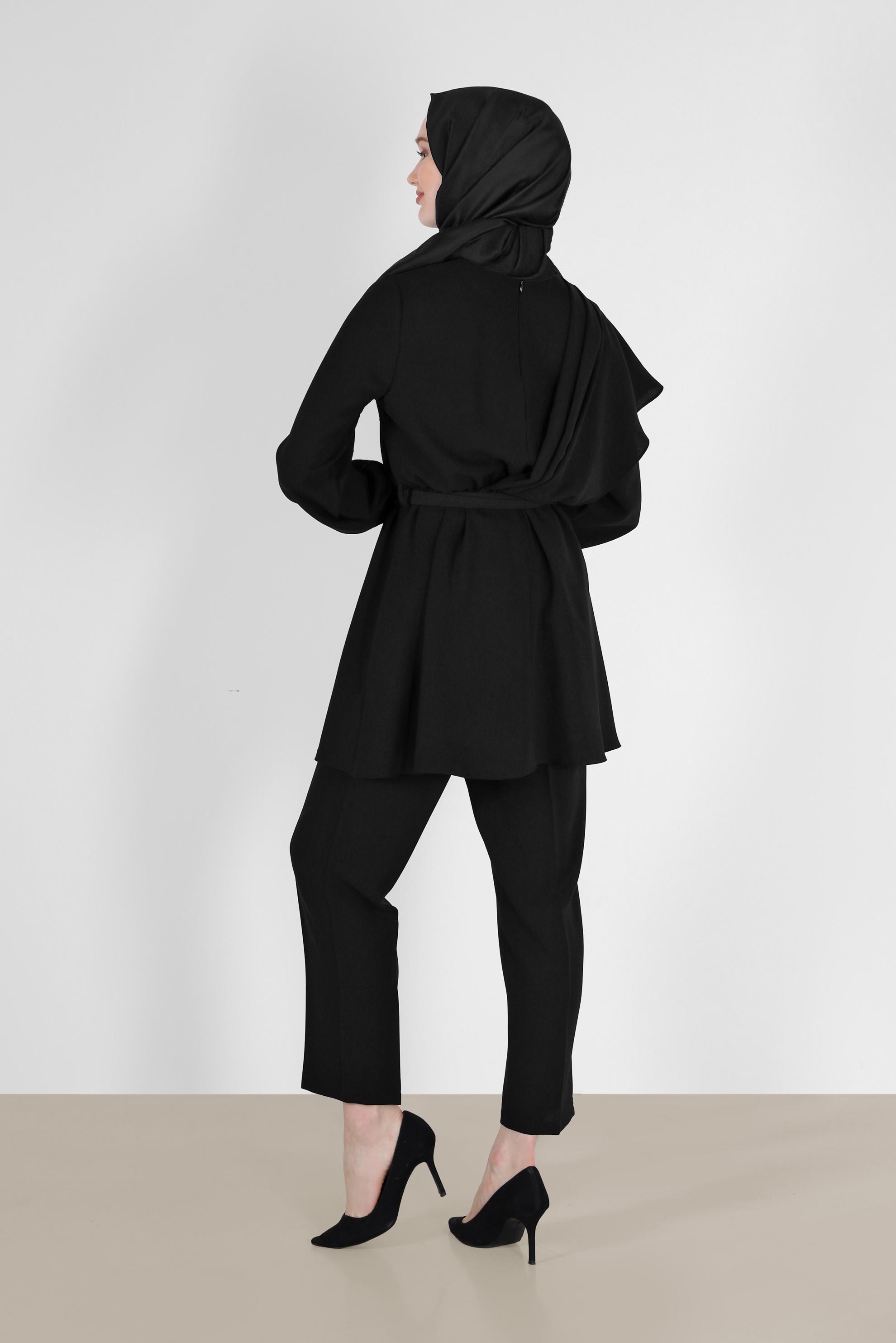 Hijab clothing BLACK BELTED ASYMMETRIC CUT 2-PIECE SUIT WITH PANTS 42310 