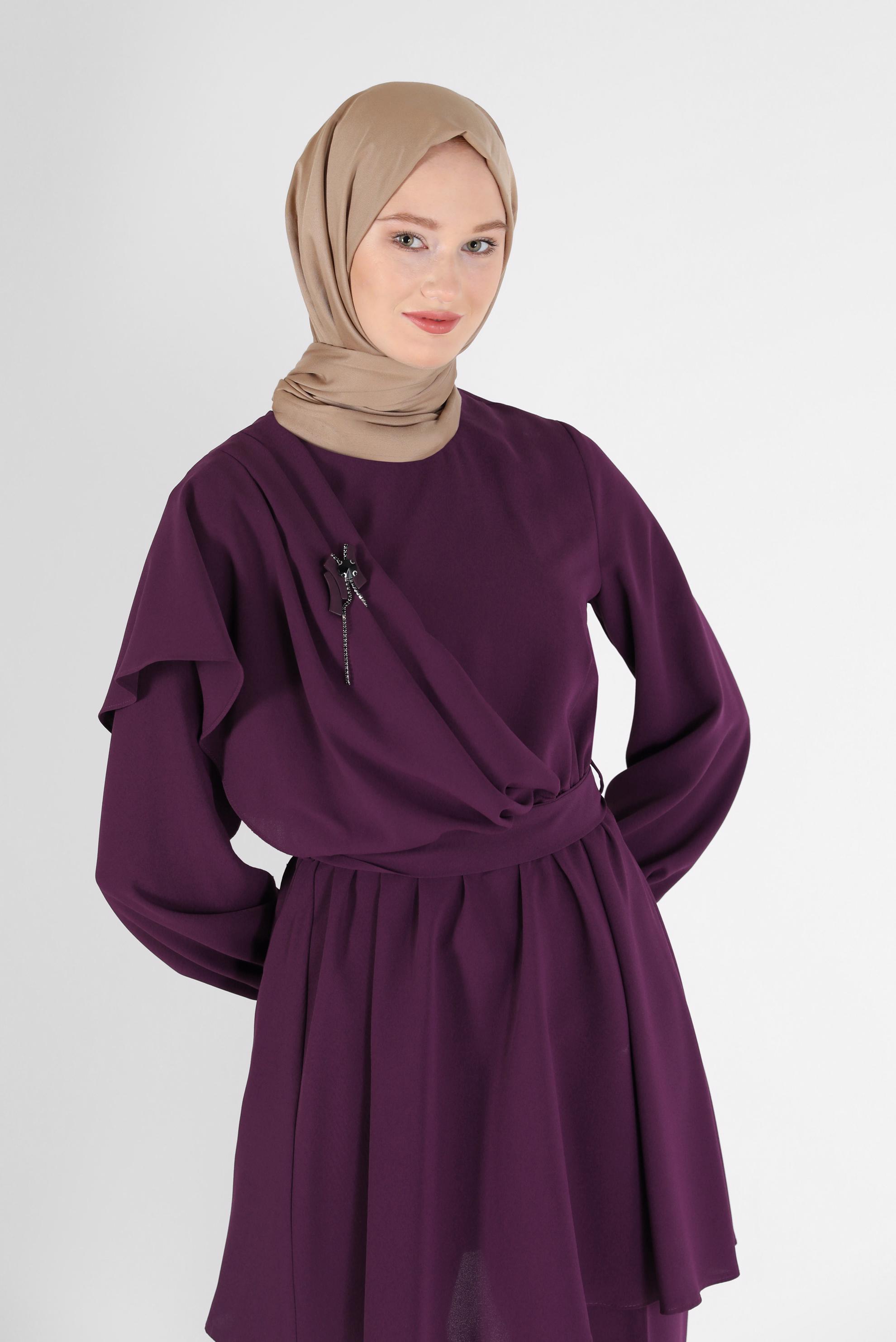 Tesettür giyim MÜRDÜM BELİ KUŞAKLI ASİMETRİK KESİM İKİLİ PANT. TAKIM 42310