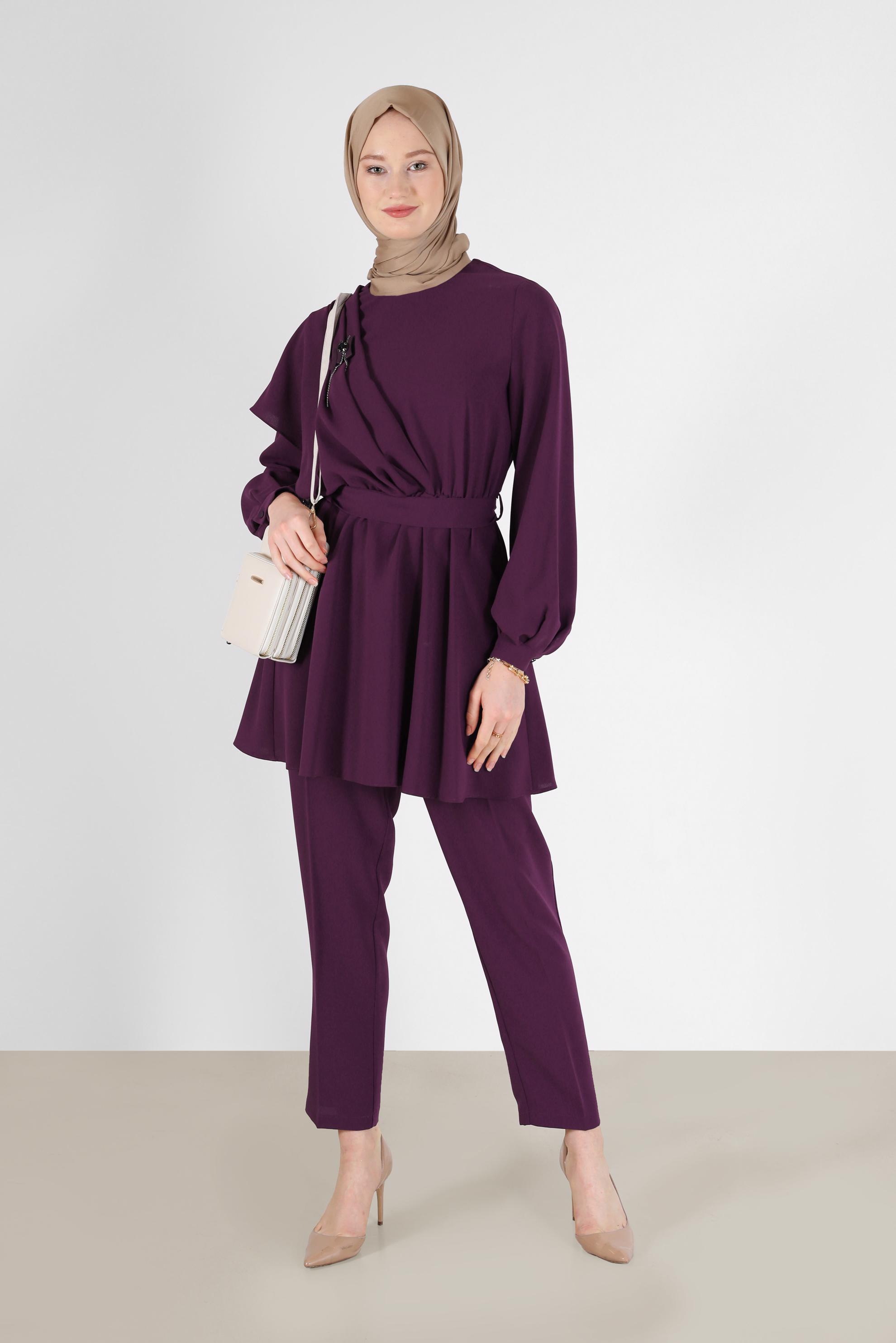 Tesettür giyim MÜRDÜM BELİ KUŞAKLI ASİMETRİK KESİM İKİLİ PANT. TAKIM 42310