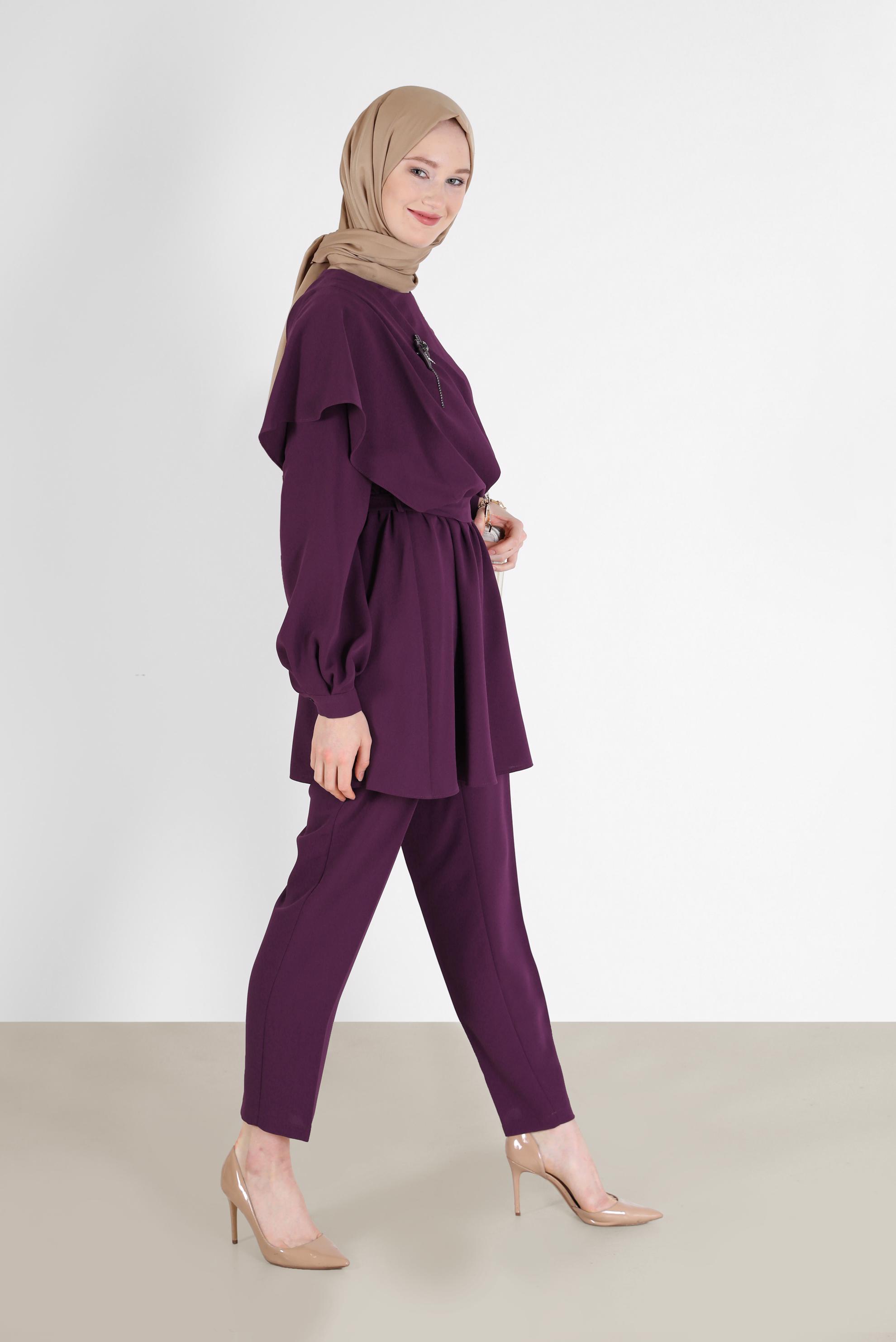 Tesettür giyim MÜRDÜM BELİ KUŞAKLI ASİMETRİK KESİM İKİLİ PANT. TAKIM 42310