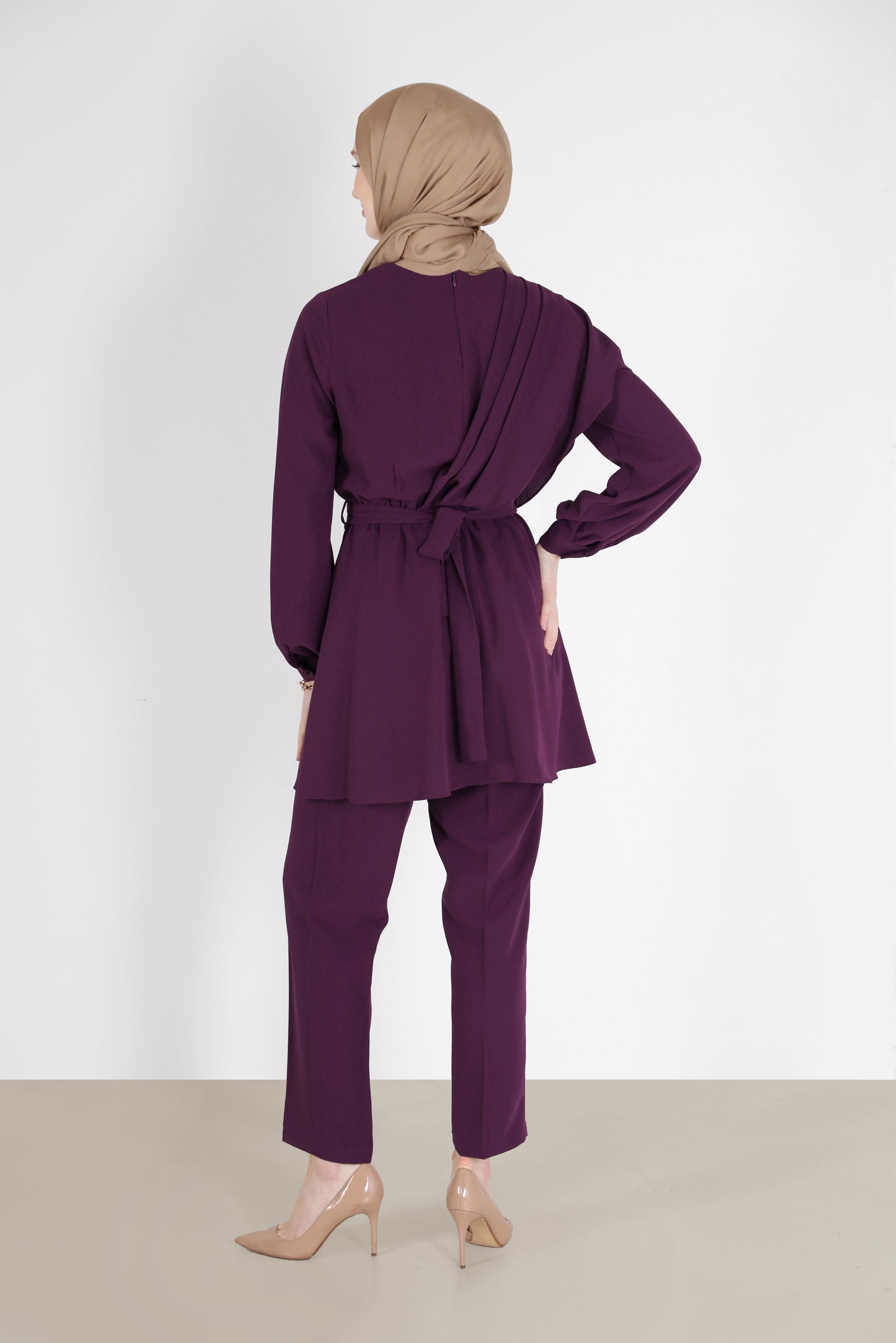 Tesettür giyim MÜRDÜM BELİ KUŞAKLI ASİMETRİK KESİM İKİLİ PANT. TAKIM 42310