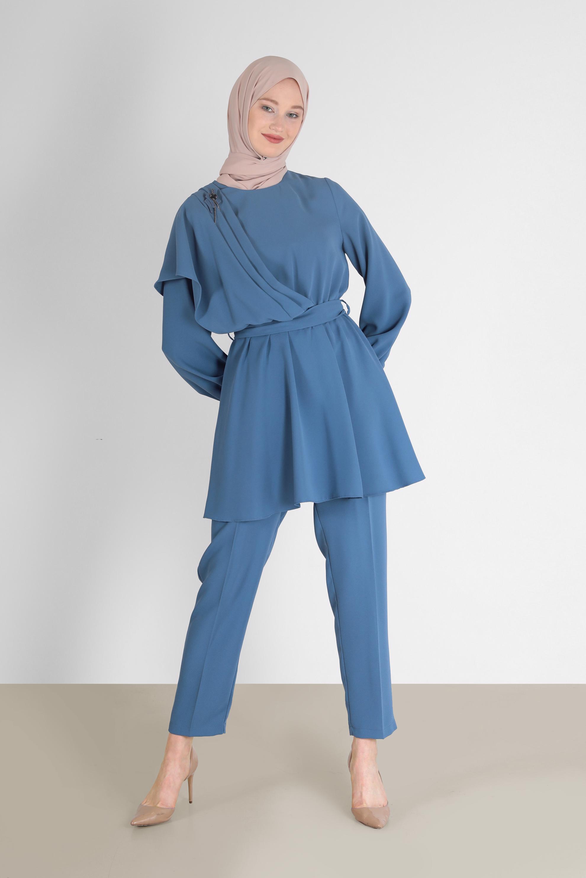Tesettür giyim LACİVERT BELİ KUŞAKLI ASİMETRİK KESİM İKİLİ PANT. TAKIM 42310