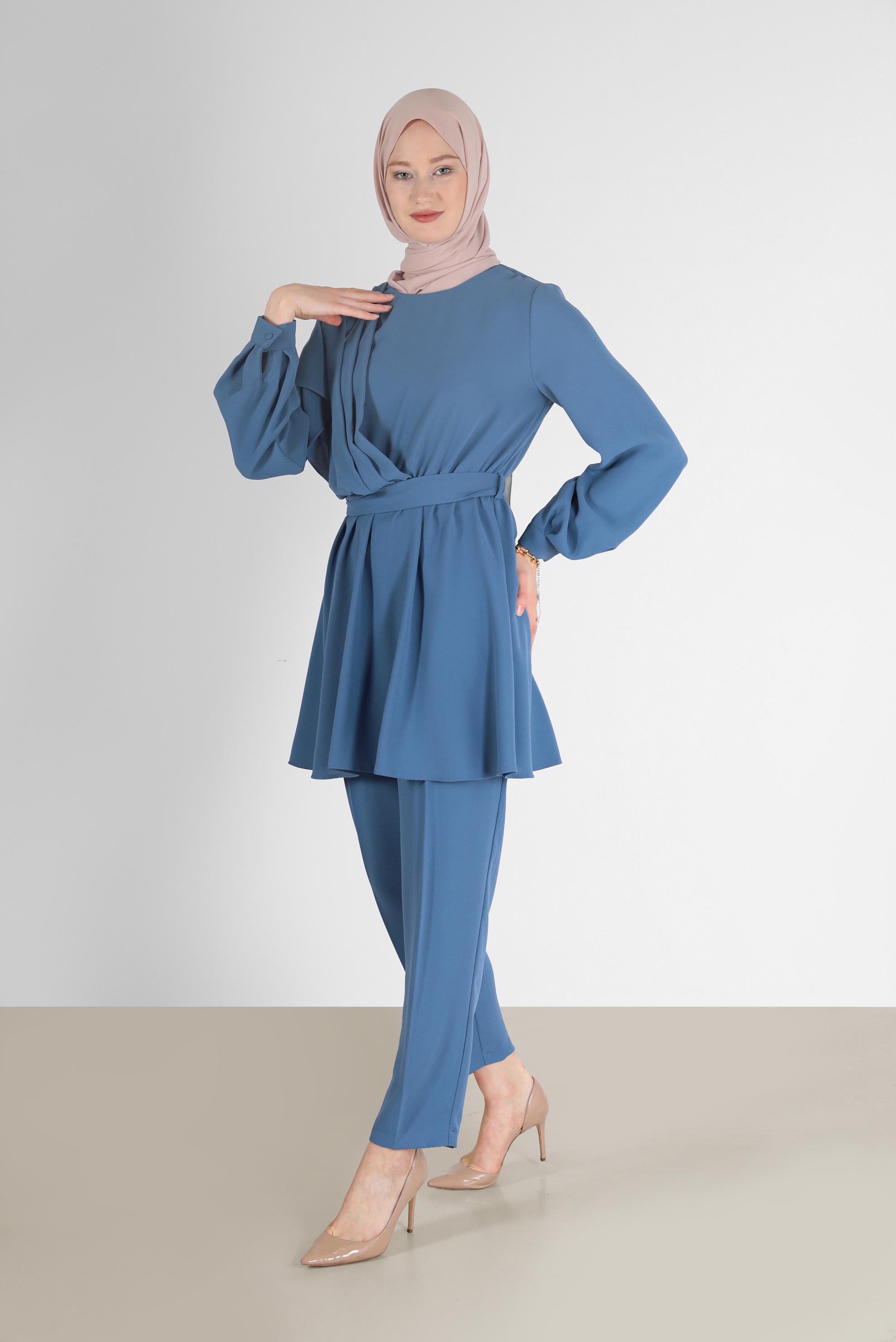 Tesettür giyim LACİVERT BELİ KUŞAKLI ASİMETRİK KESİM İKİLİ PANT. TAKIM 42310