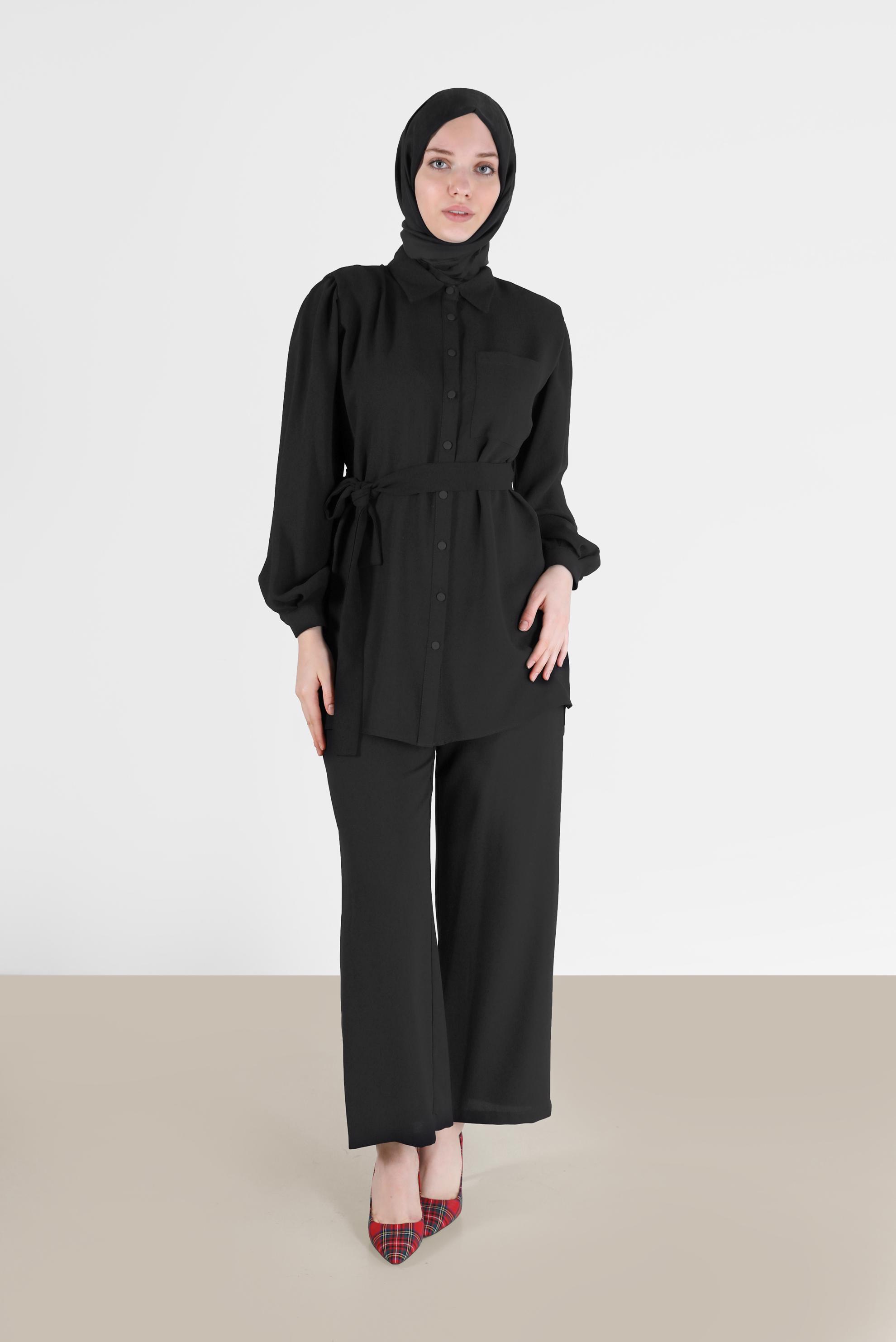 Hijab clothing BLACK BELTED 2-PIECE CREPE SUIT WITH PANTS 42311 