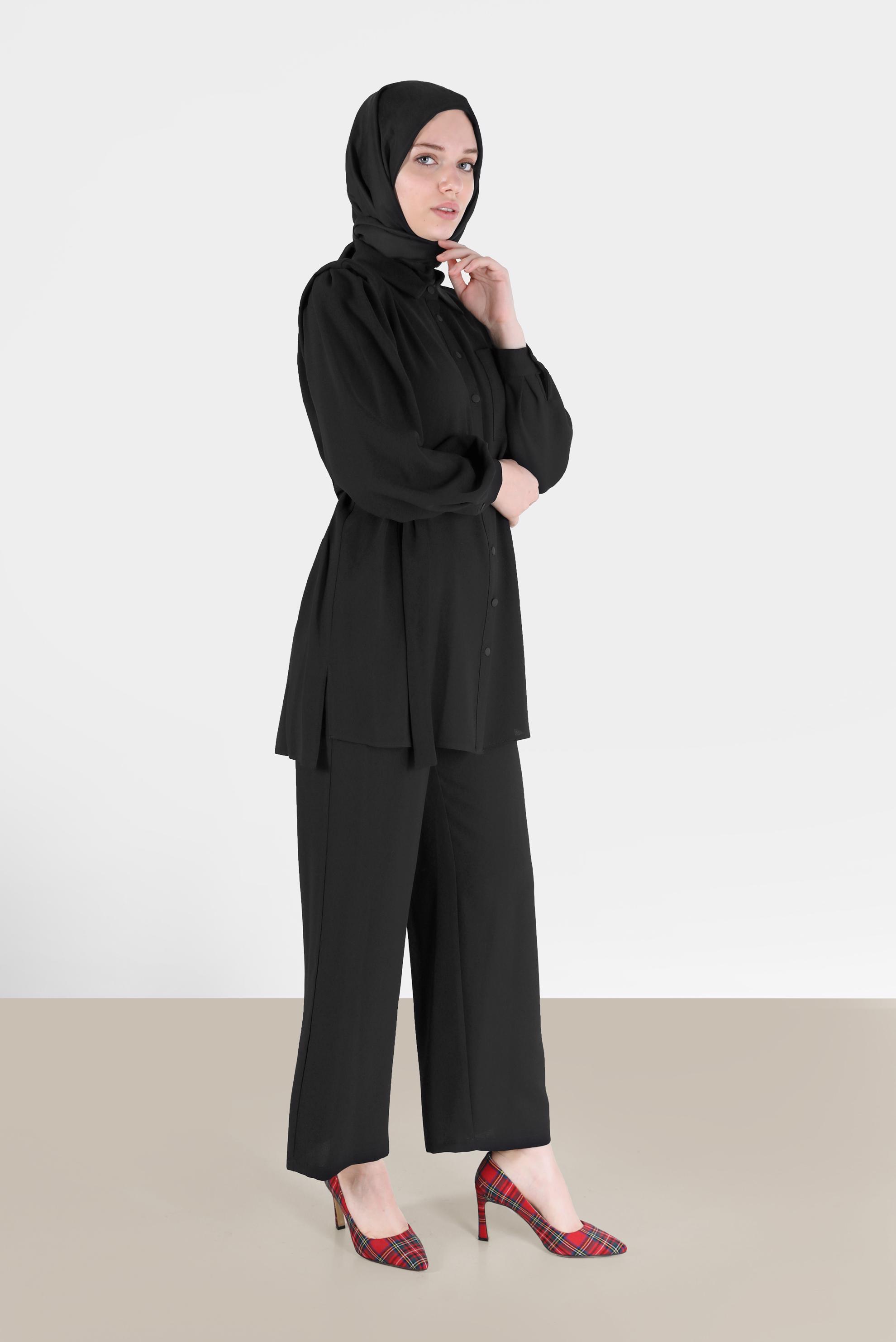 Hijab clothing BLACK BELTED 2-PIECE CREPE SUIT WITH PANTS 42311 