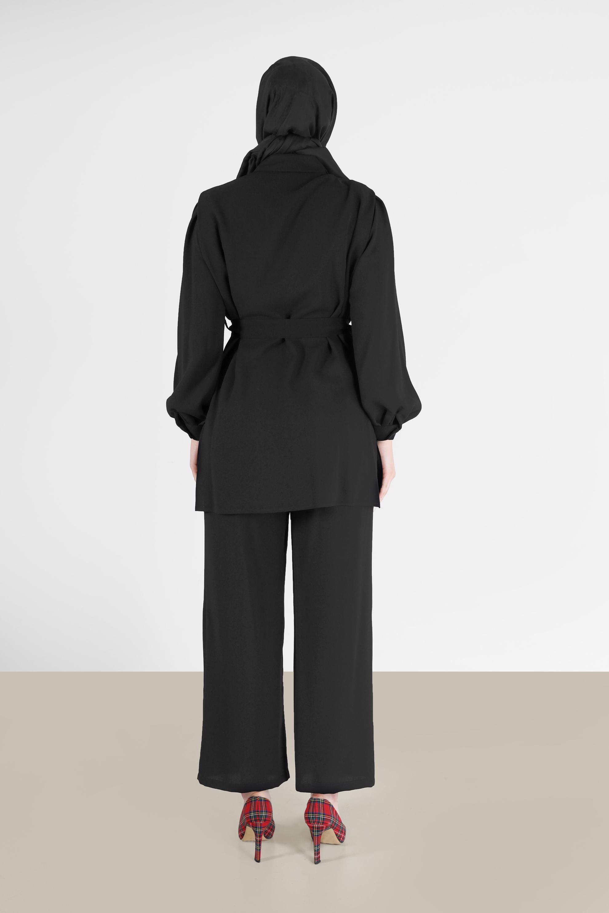 Hijab clothing BLACK BELTED 2-PIECE CREPE SUIT WITH PANTS 42311 