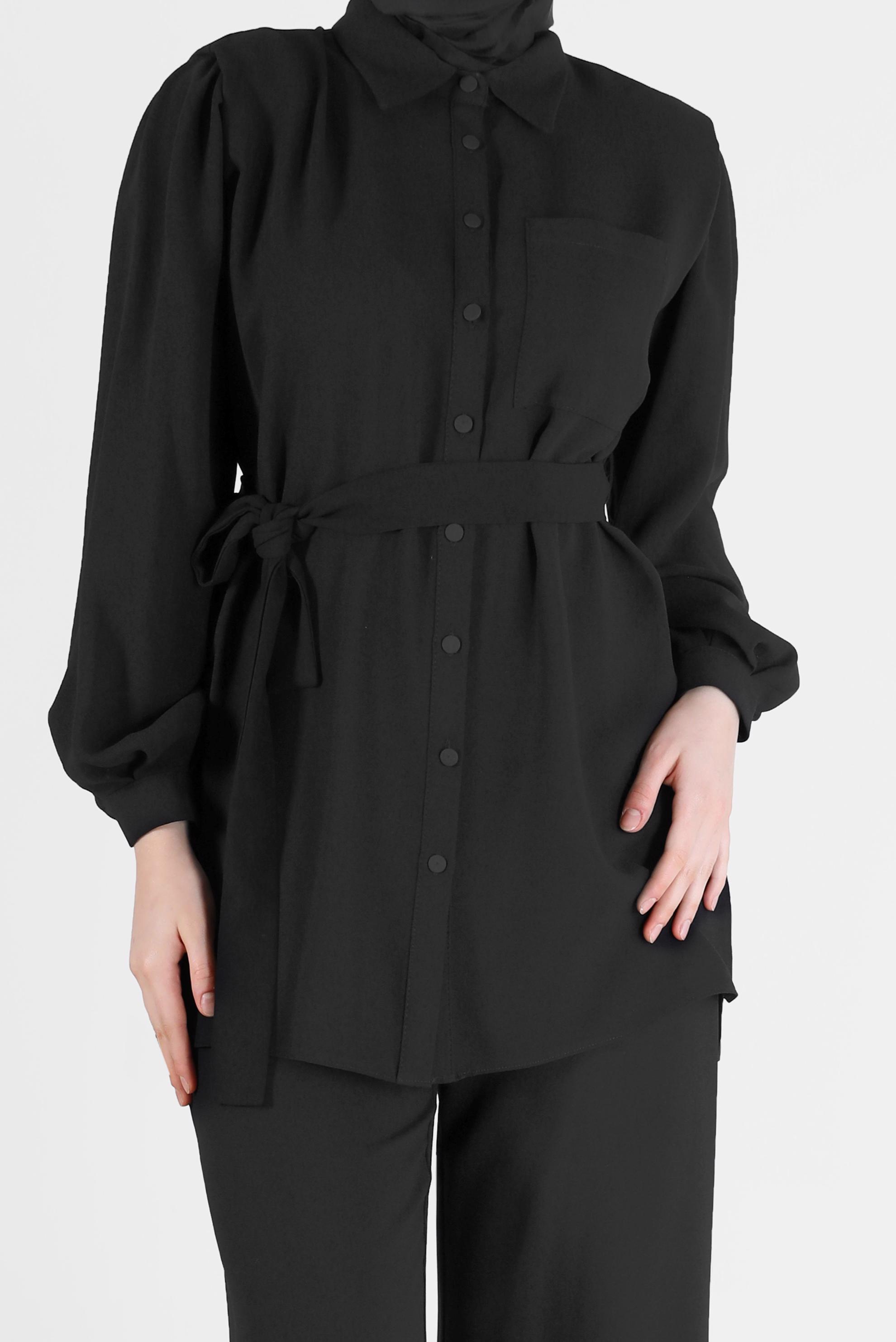 Hijab clothing BLACK BELTED 2-PIECE CREPE SUIT WITH PANTS 42311 