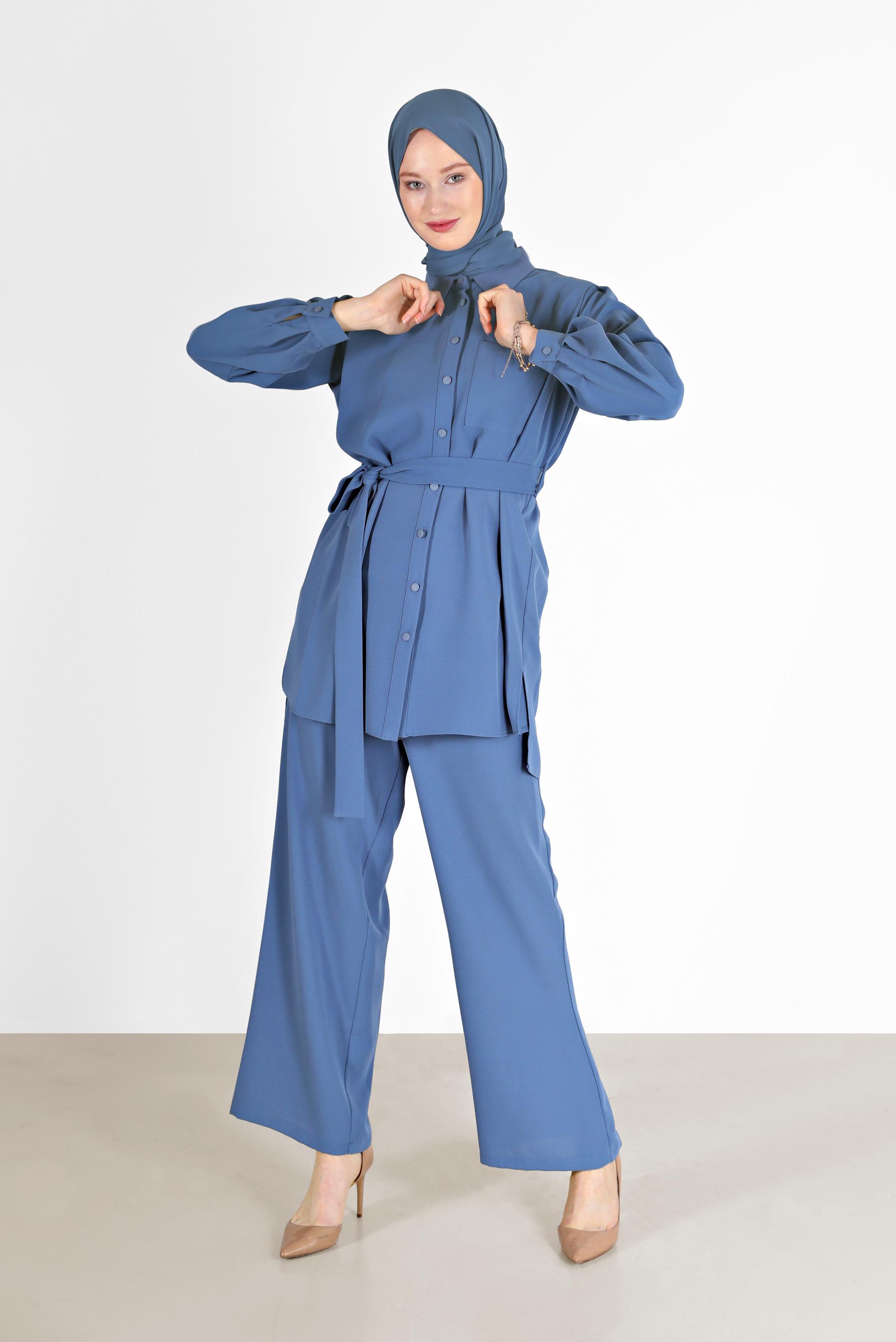 Tesettür giyim LACİVERT BELİ KUŞAKLI İKİLİ KREP PANT. TAKIM 42311 