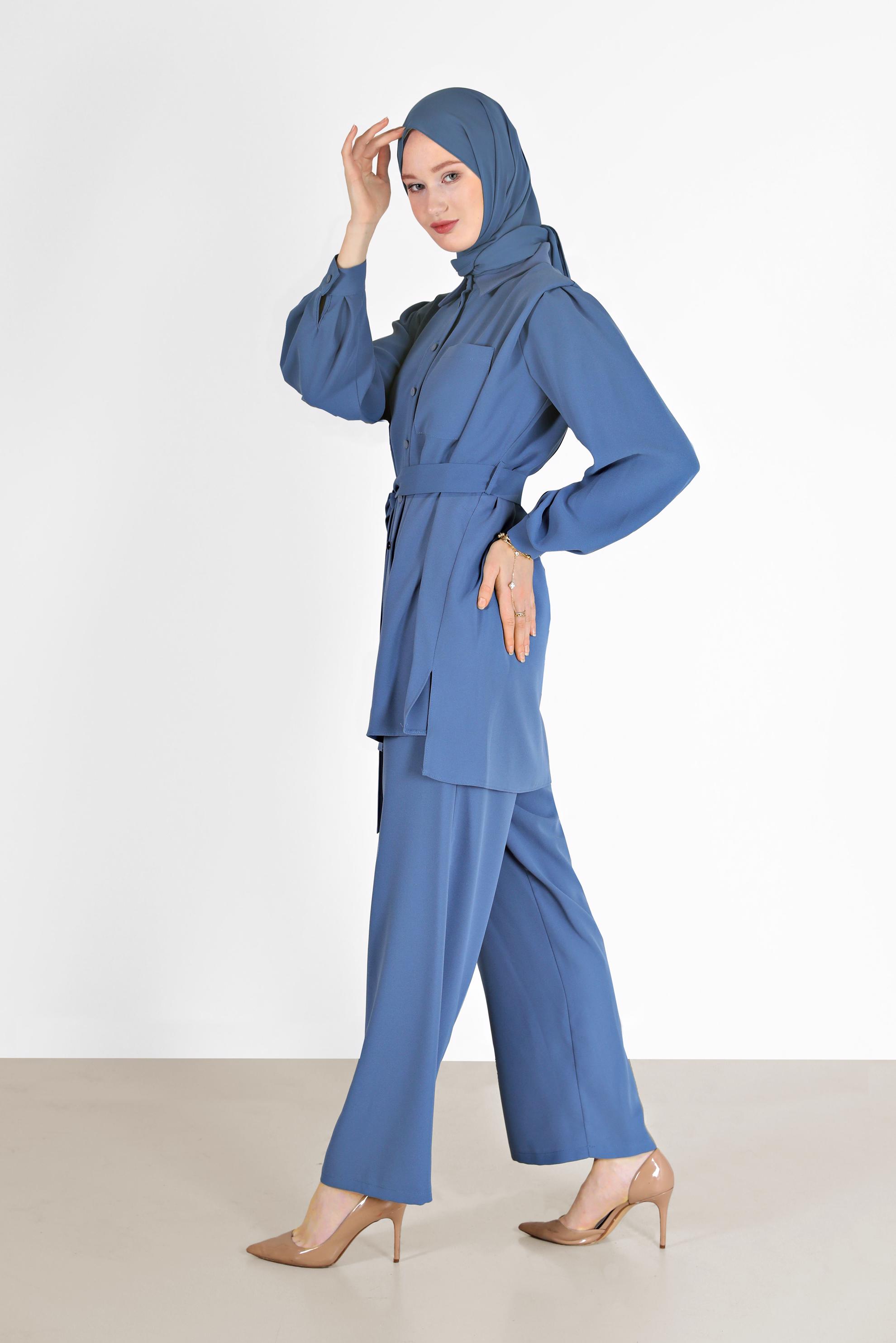 Tesettür giyim LACİVERT BELİ KUŞAKLI İKİLİ KREP PANT. TAKIM 42311 