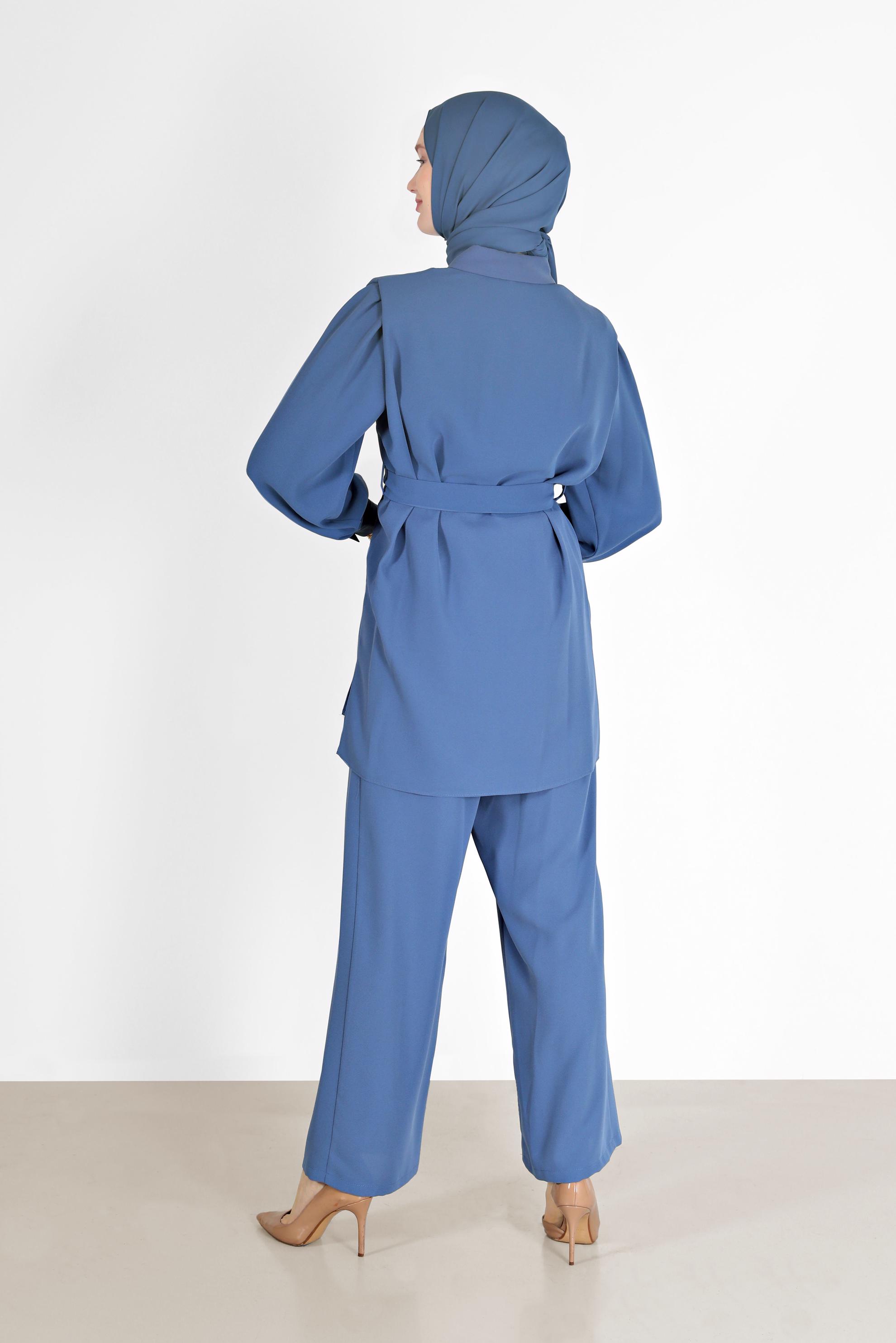 Tesettür giyim LACİVERT BELİ KUŞAKLI İKİLİ KREP PANT. TAKIM 42311 