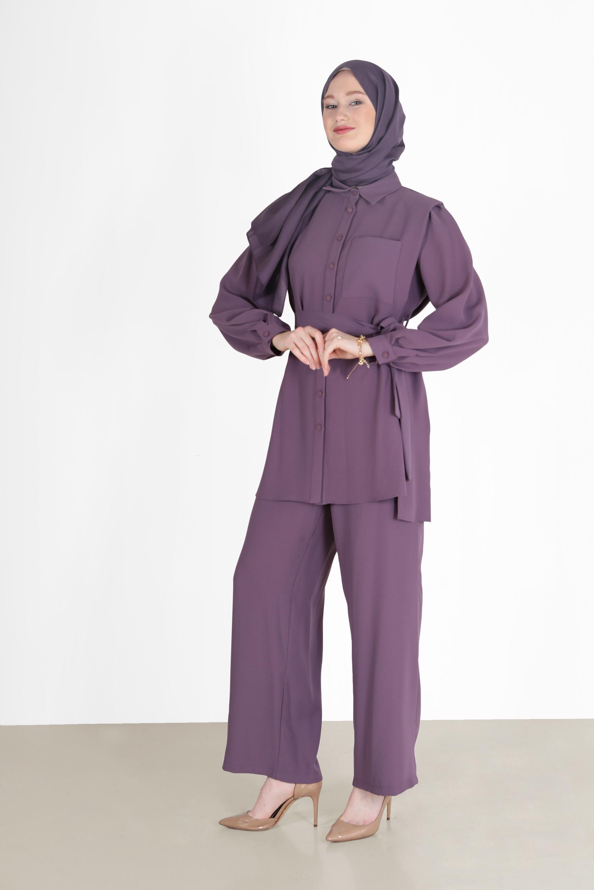 Hijab clothing PURPLE BELTED 2-PIECE CREPE SUIT WITH PANTS 42311 