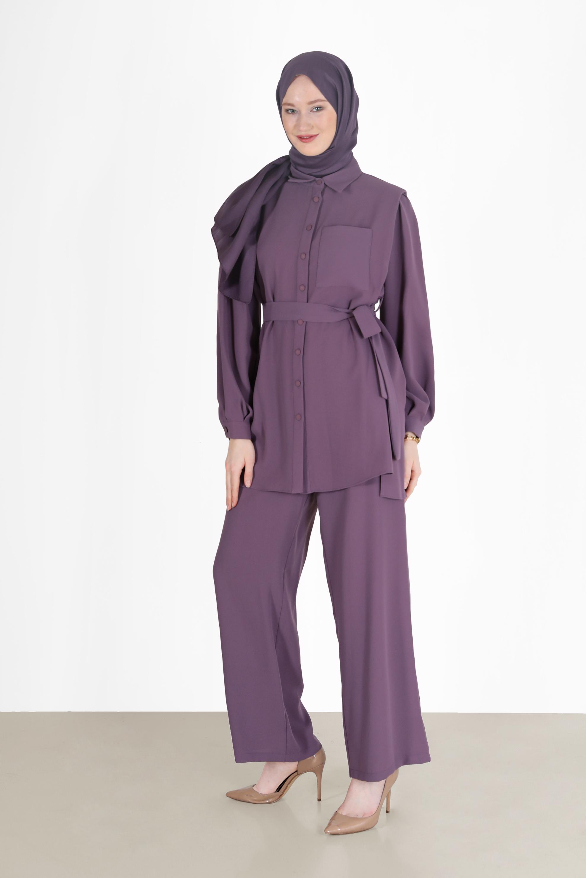 Hijab clothing PURPLE BELTED 2-PIECE CREPE SUIT WITH PANTS 42311 