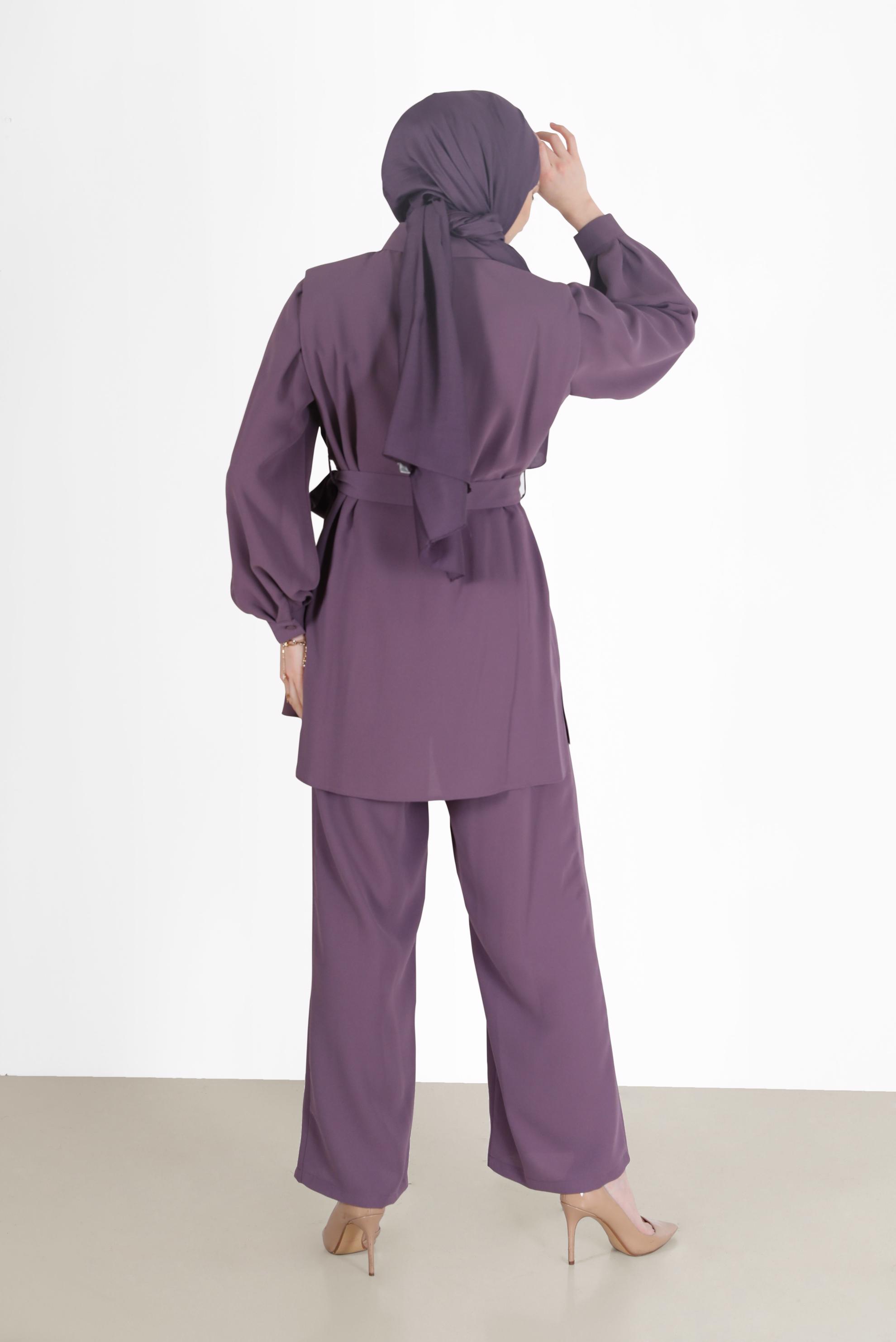Hijab clothing PURPLE BELTED 2-PIECE CREPE SUIT WITH PANTS 42311 