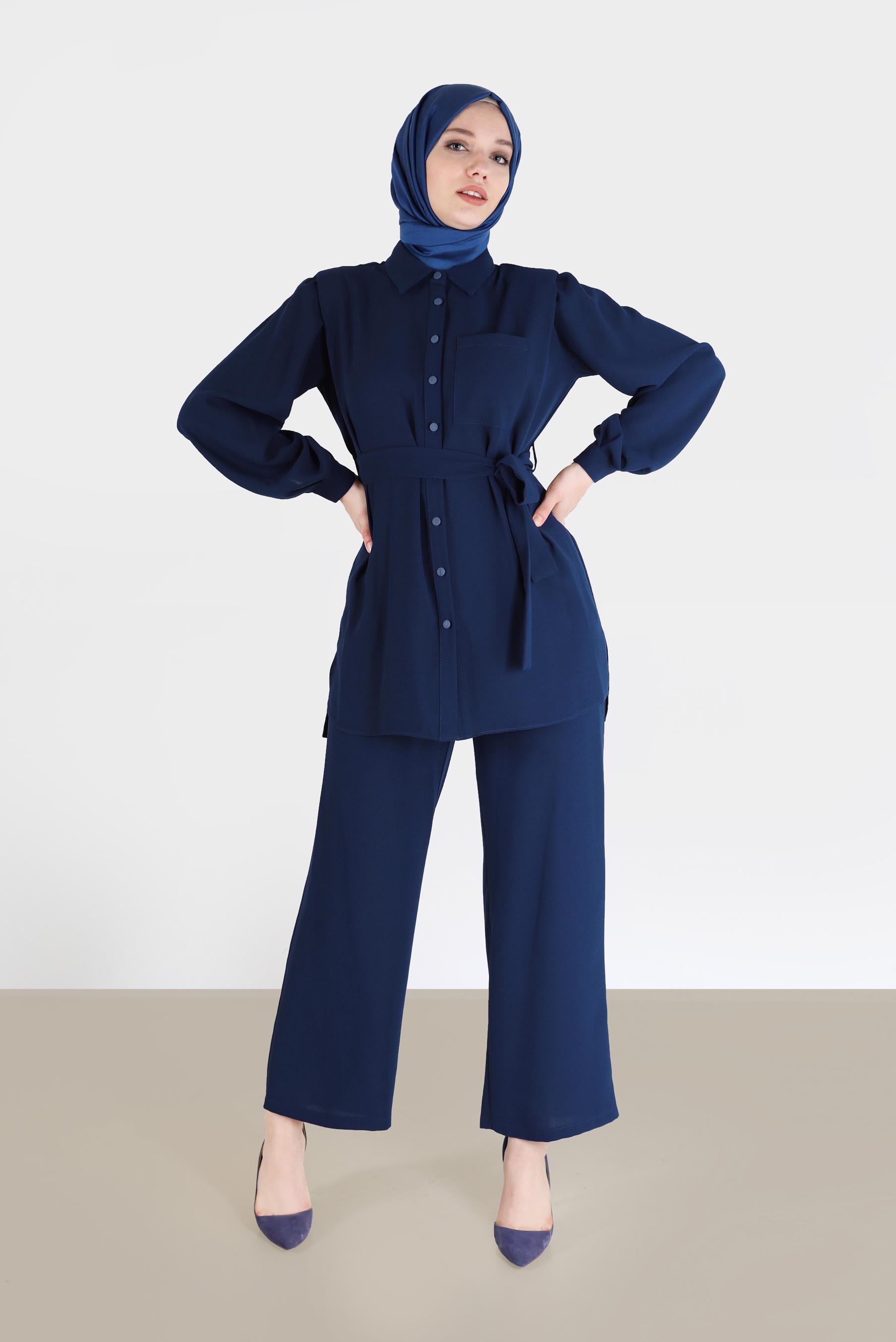 Hijab clothing NAVY BLUE BELTED 2-PIECE CREPE SUIT WITH PANTS 42311 