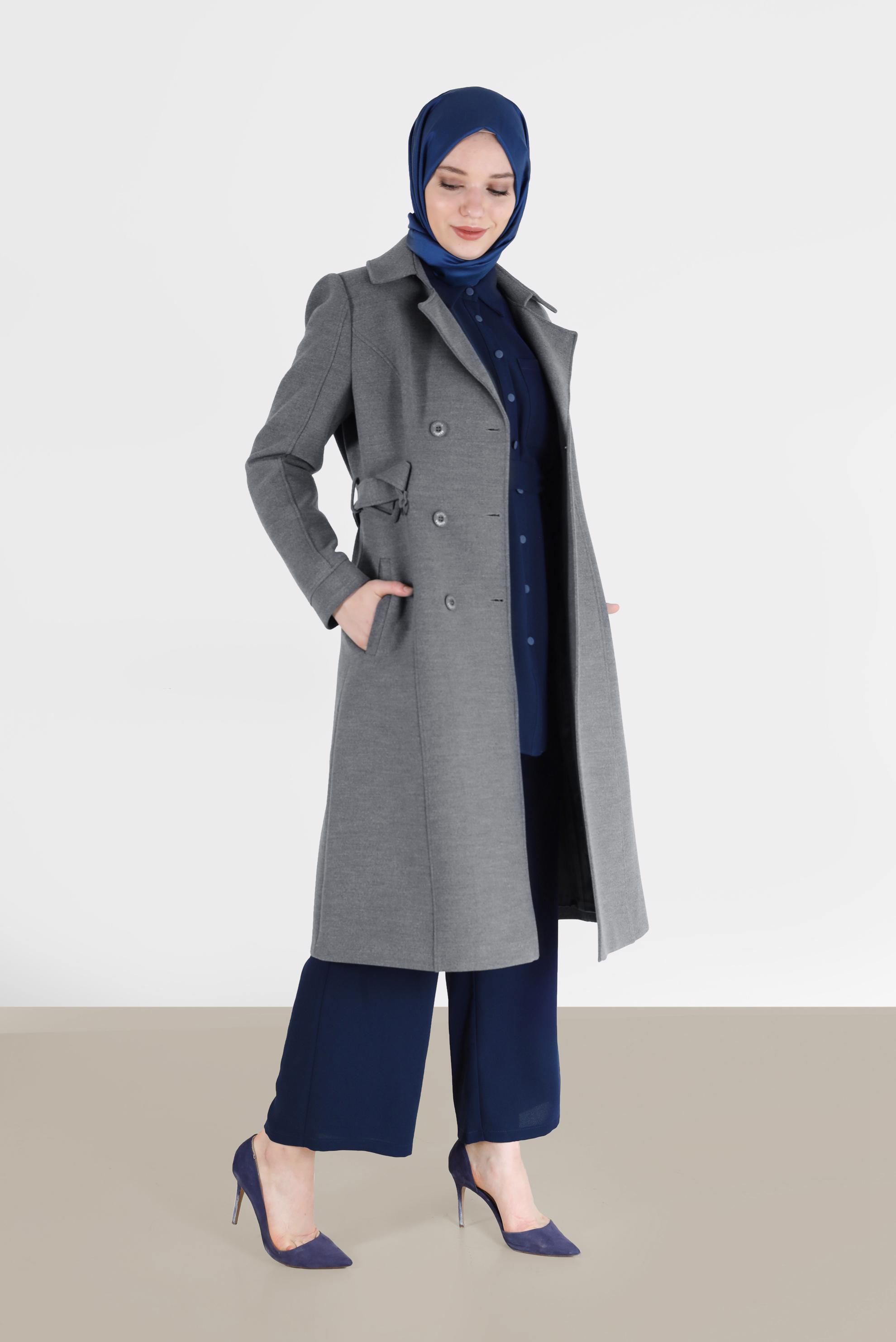 Hijab clothing NAVY BLUE BELTED 2-PIECE CREPE SUIT WITH PANTS 42311 