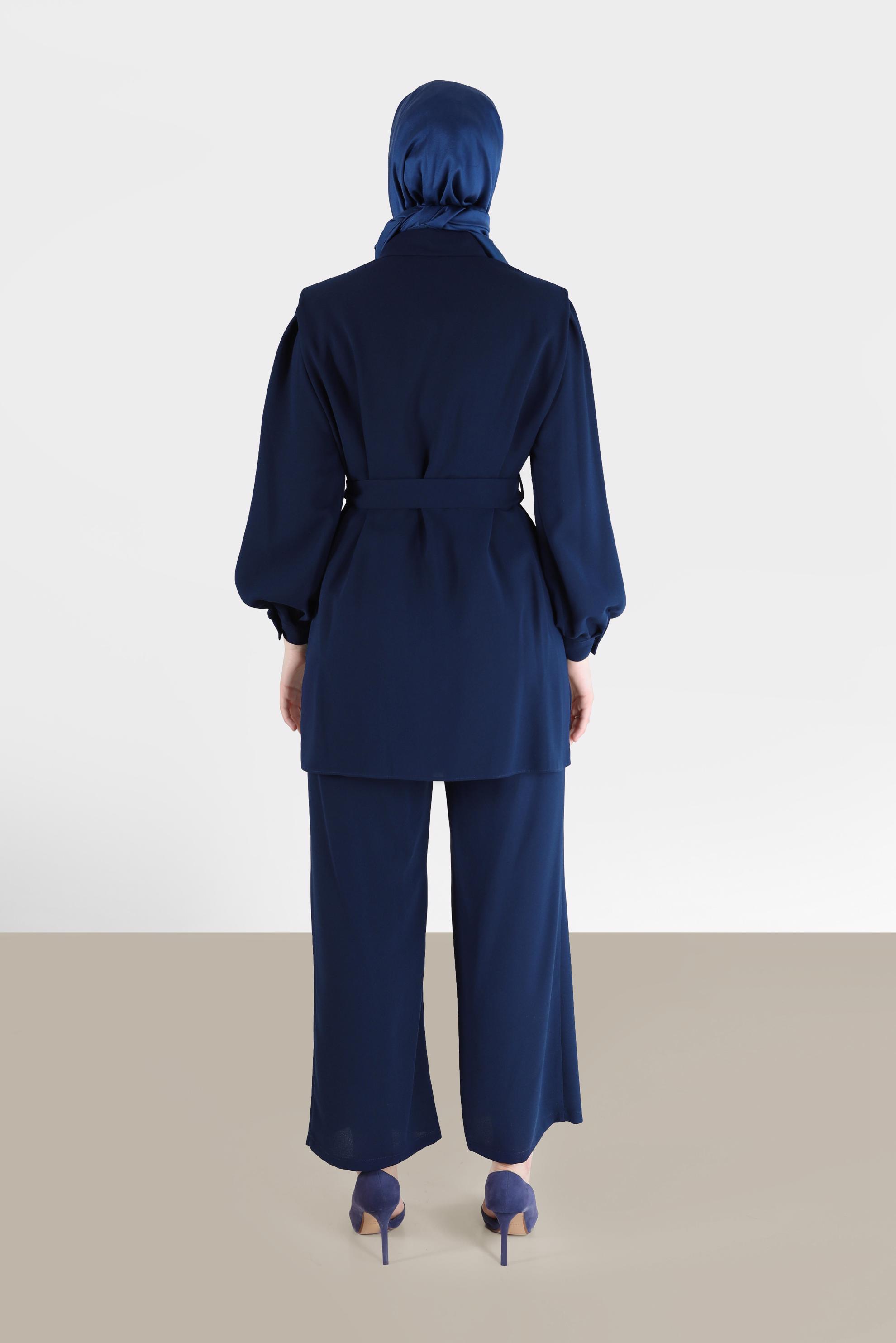 Hijab clothing NAVY BLUE BELTED 2-PIECE CREPE SUIT WITH PANTS 42311 