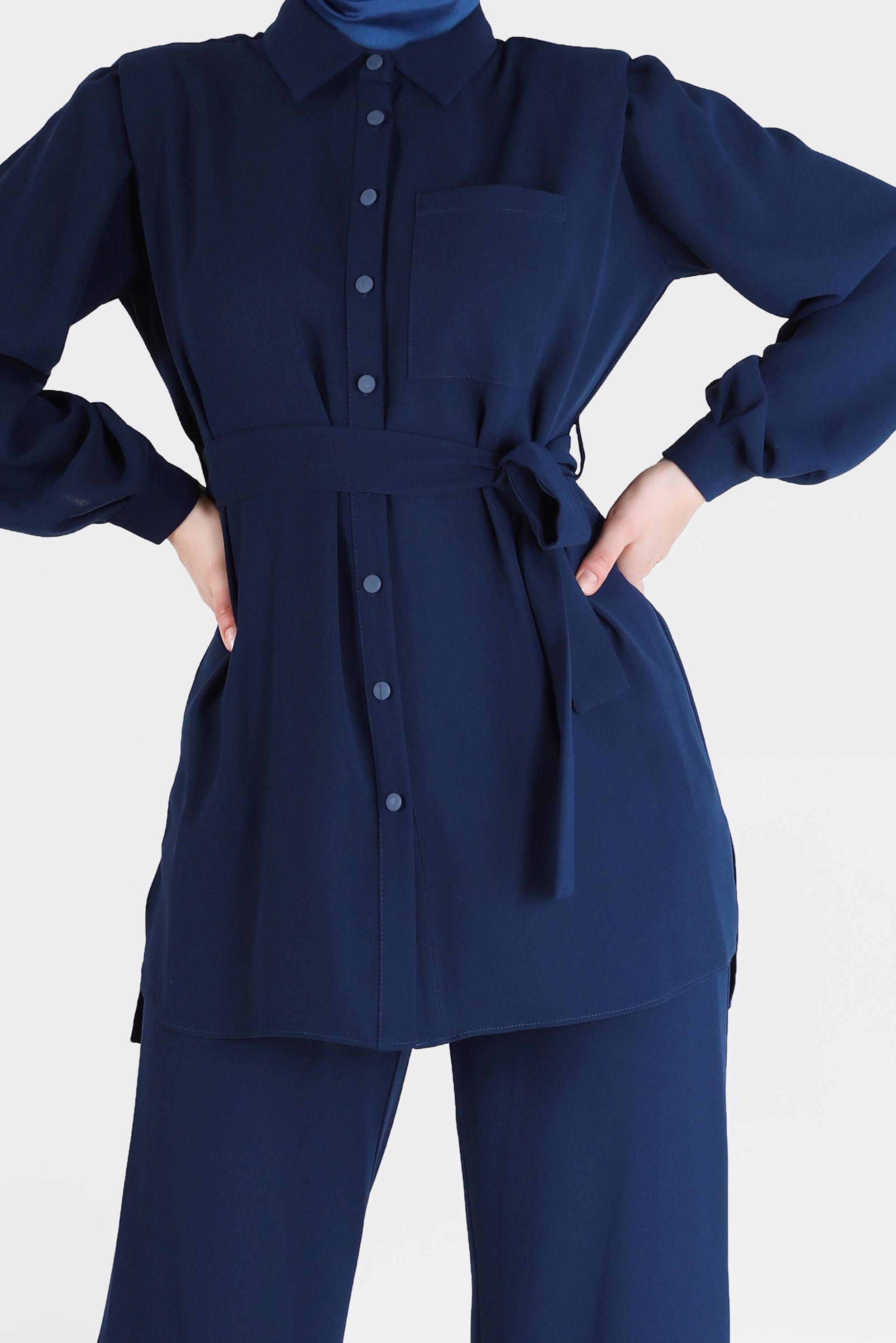 Hijab clothing NAVY BLUE BELTED 2-PIECE CREPE SUIT WITH PANTS 42311 