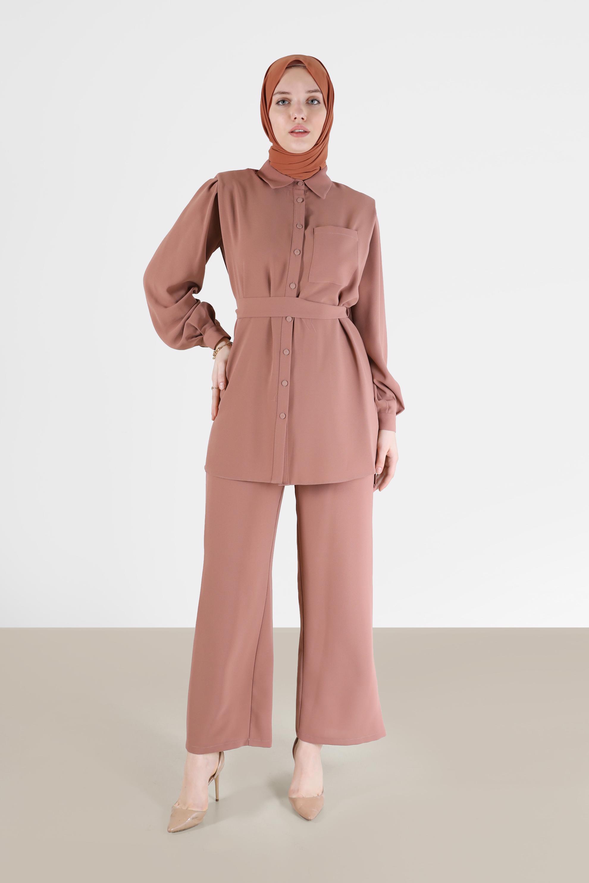 Tesettür giyim KAHVE BELİ KUŞAKLI İKİLİ KREP PANT. TAKIM 42311 