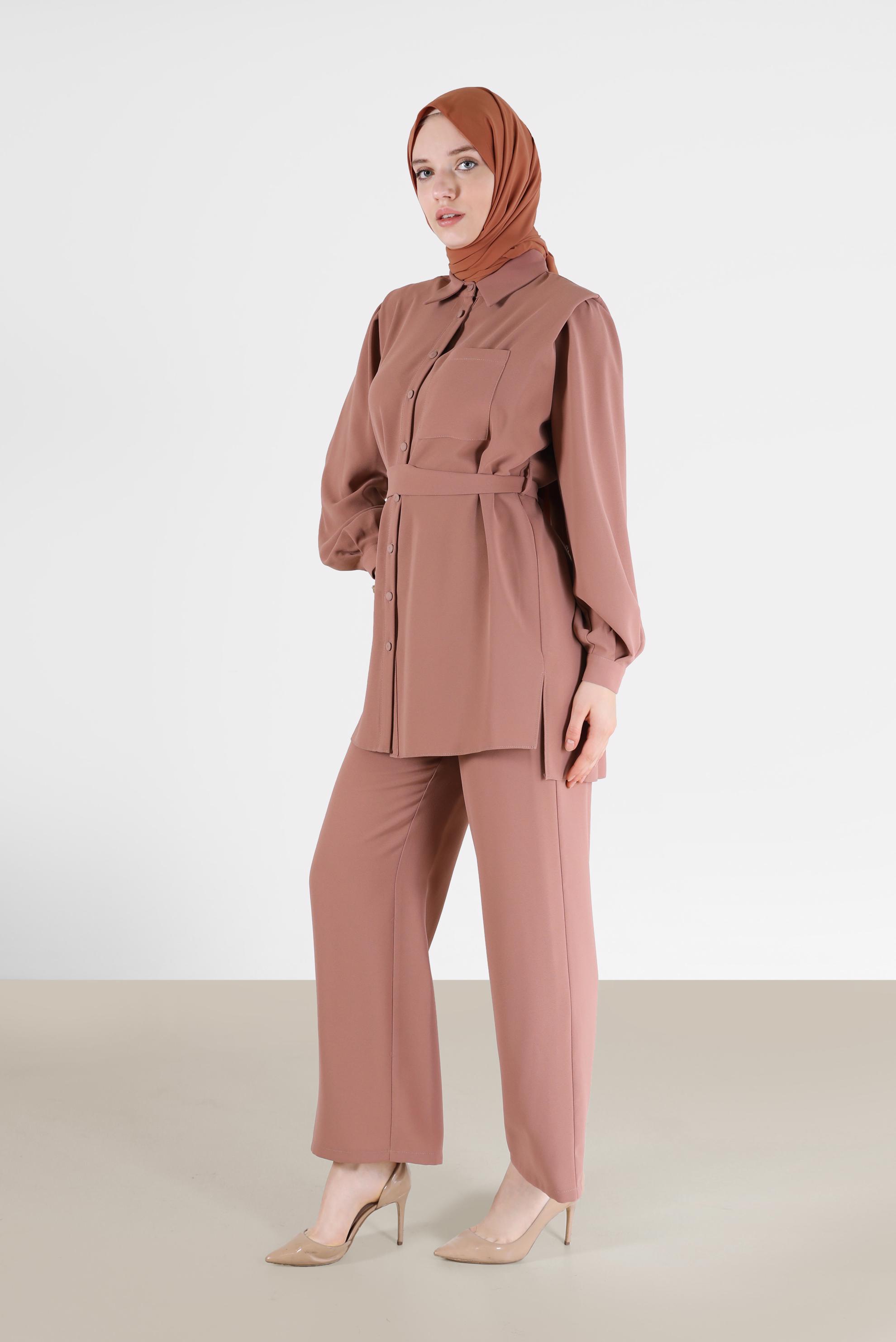 Tesettür giyim KAHVE BELİ KUŞAKLI İKİLİ KREP PANT. TAKIM 42311 