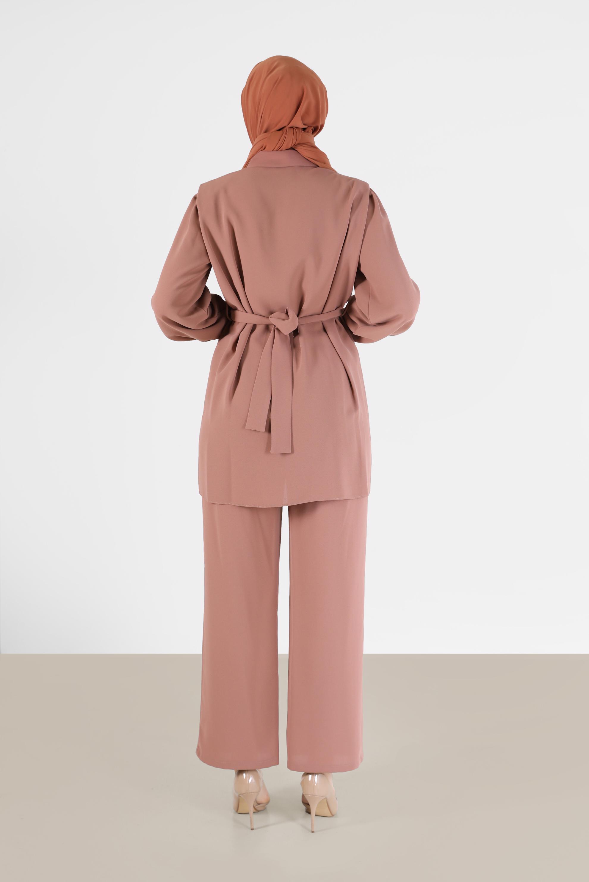 Tesettür giyim KAHVE BELİ KUŞAKLI İKİLİ KREP PANT. TAKIM 42311 
