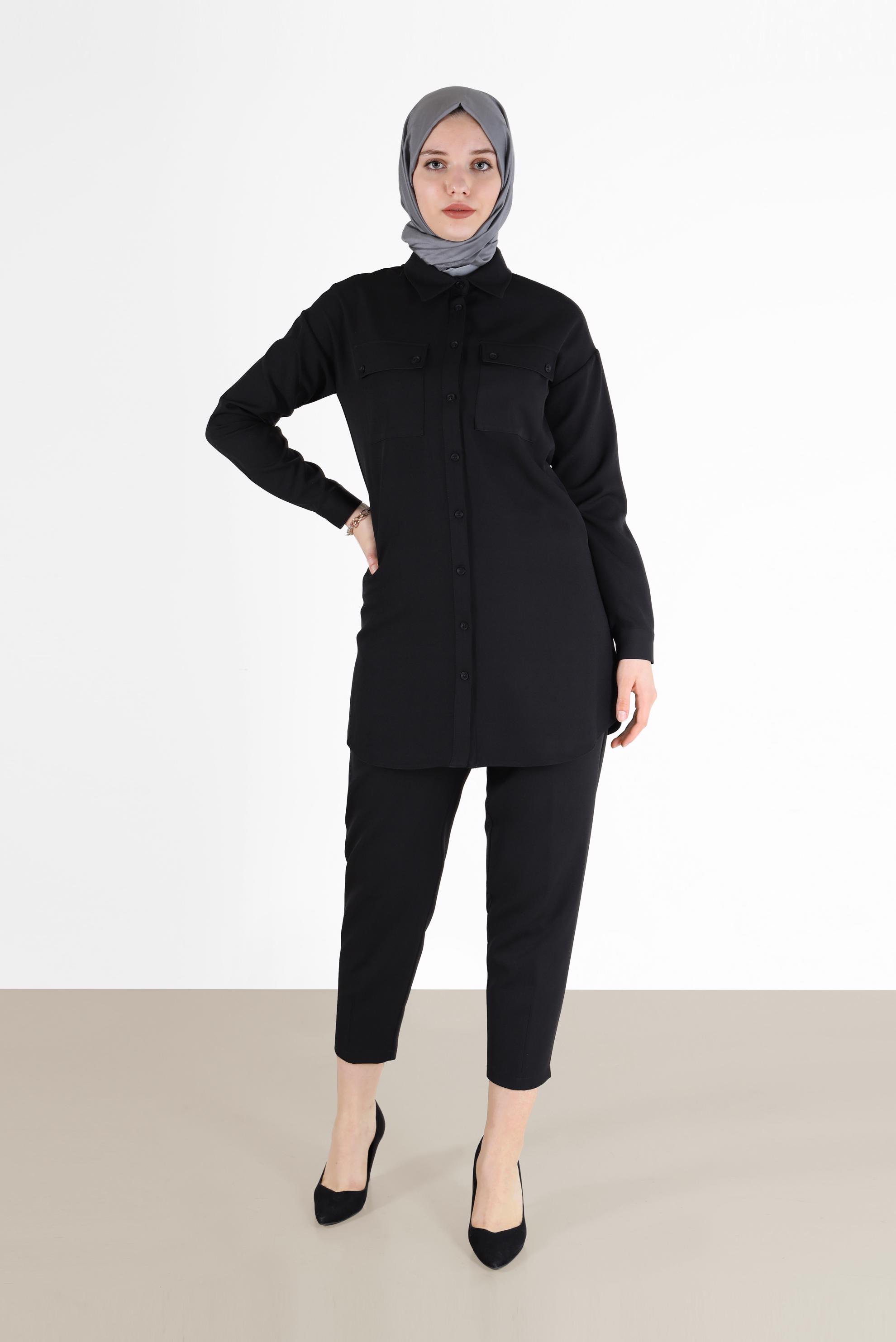 Hijab clothing BLACK BUTTON DETAIL PANTS SUIT WITH POCKET 42312 