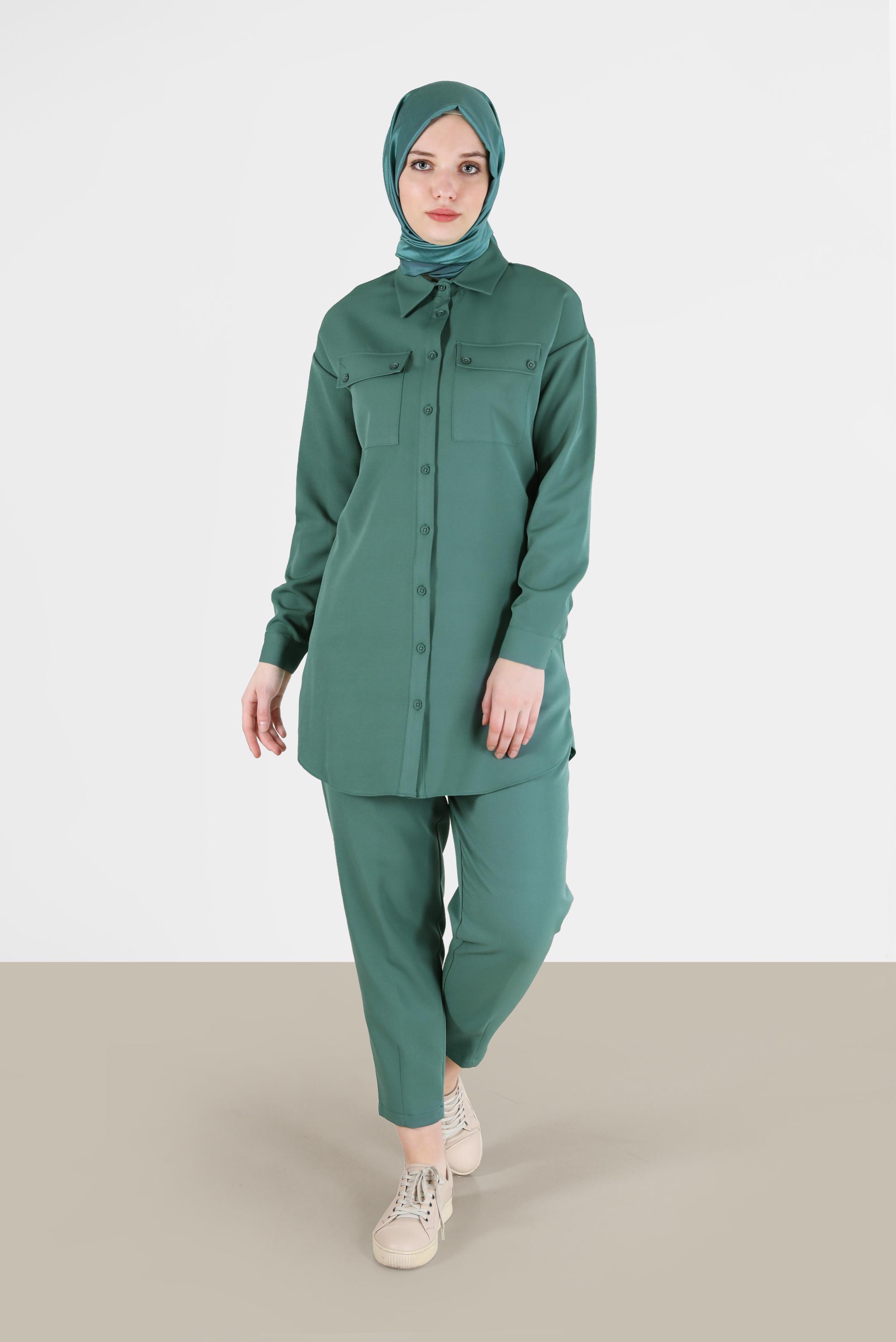 Tesettür giyim YEŞİL DÜĞME DETAYLI CEPLİ İKİLİ PANT. TAKIM 42312 
