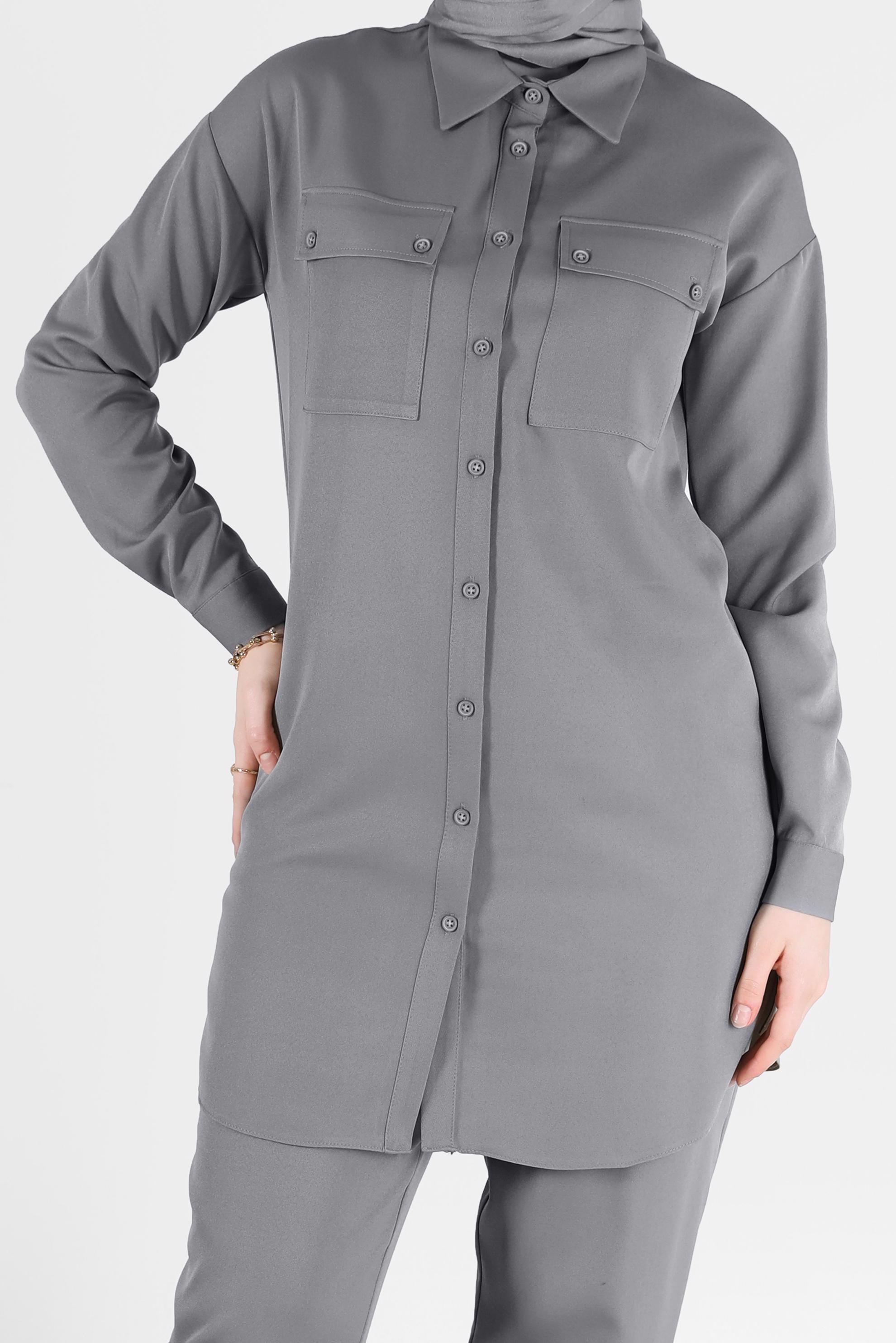 Tesettür giyim GRİ DÜĞME DETAYLI CEPLİ İKİLİ PANT. TAKIM 42312 