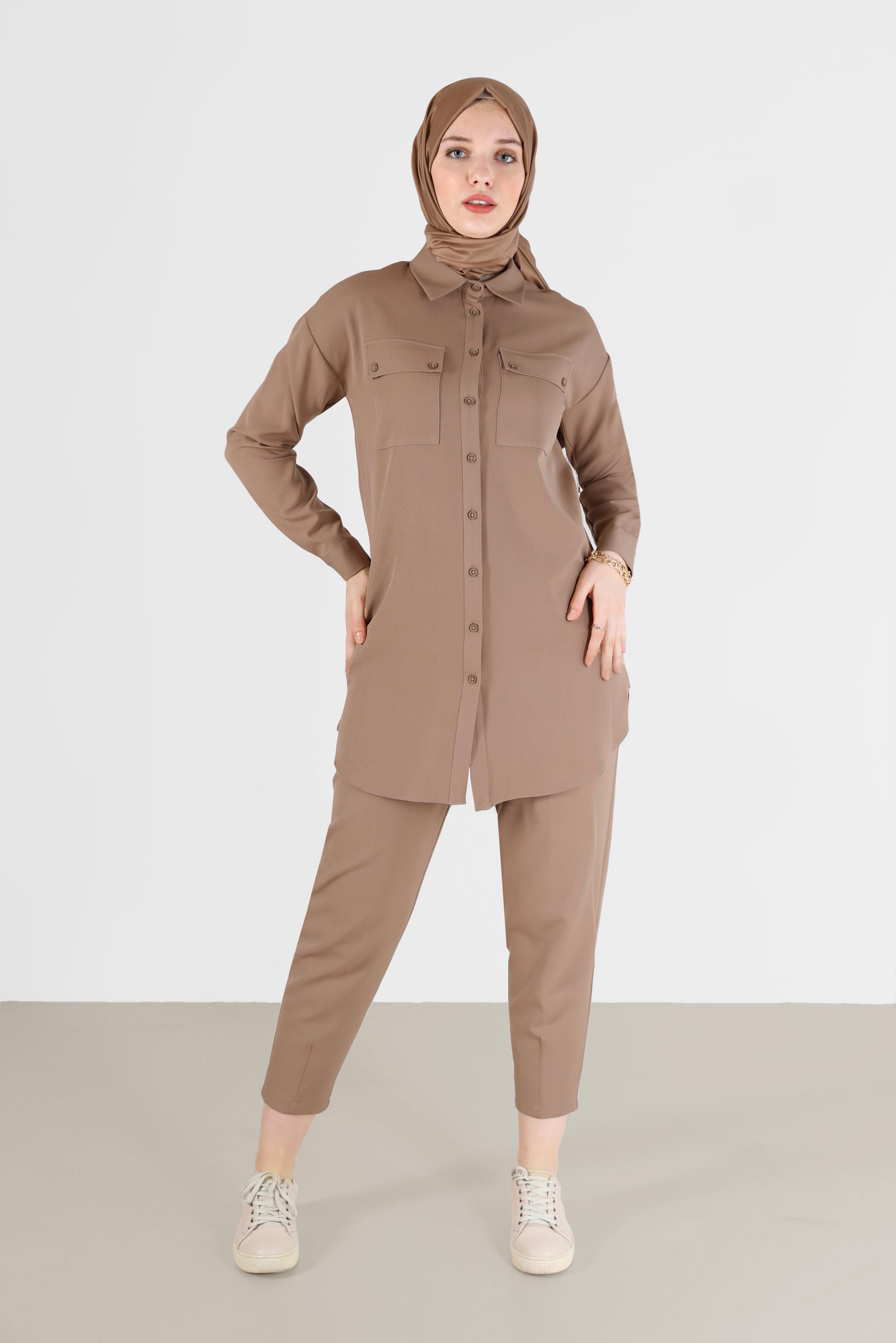 Tesettür giyim KAHVE DÜĞME DETAYLI CEPLİ İKİLİ PANT. TAKIM 42312 
