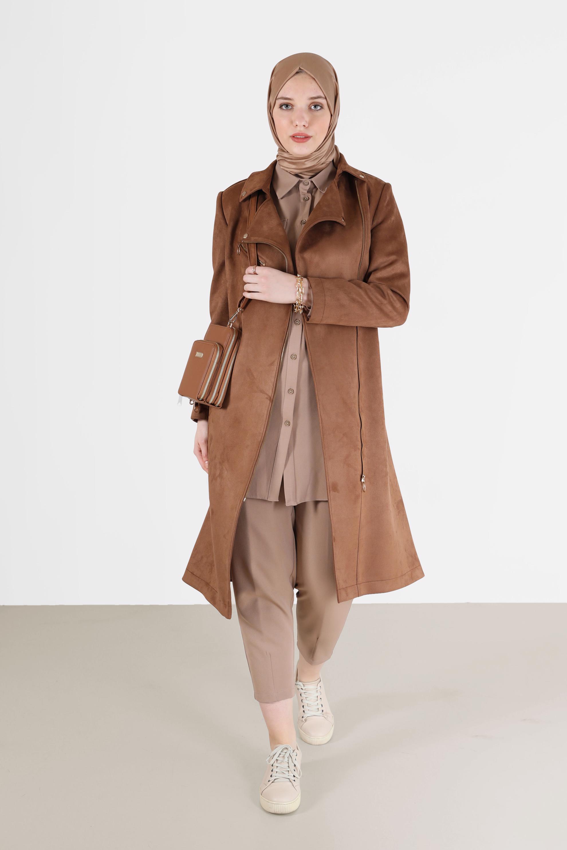 Tesettür giyim KAHVE DÜĞME DETAYLI CEPLİ İKİLİ PANT. TAKIM 42312 