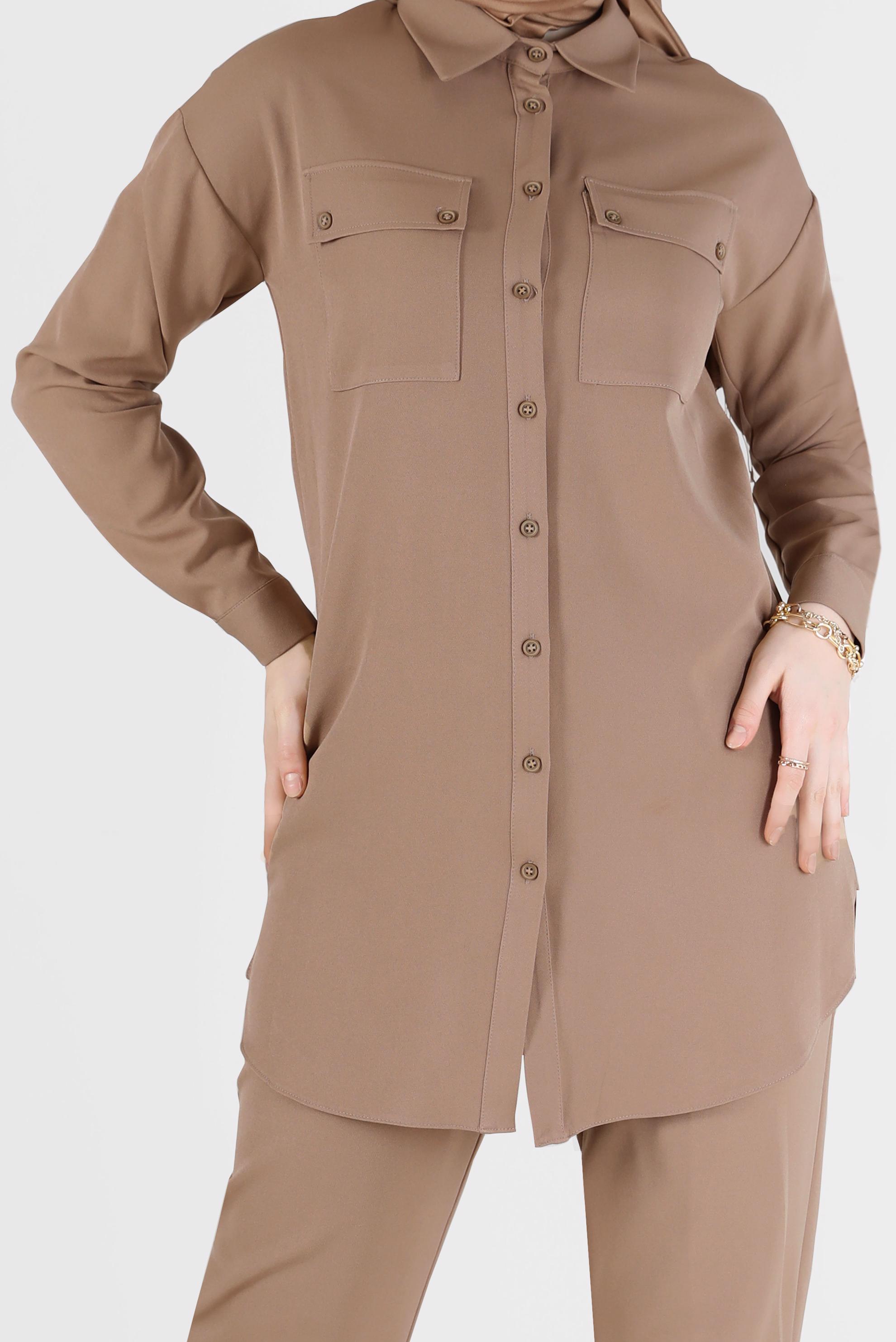 Tesettür giyim KAHVE DÜĞME DETAYLI CEPLİ İKİLİ PANT. TAKIM 42312 