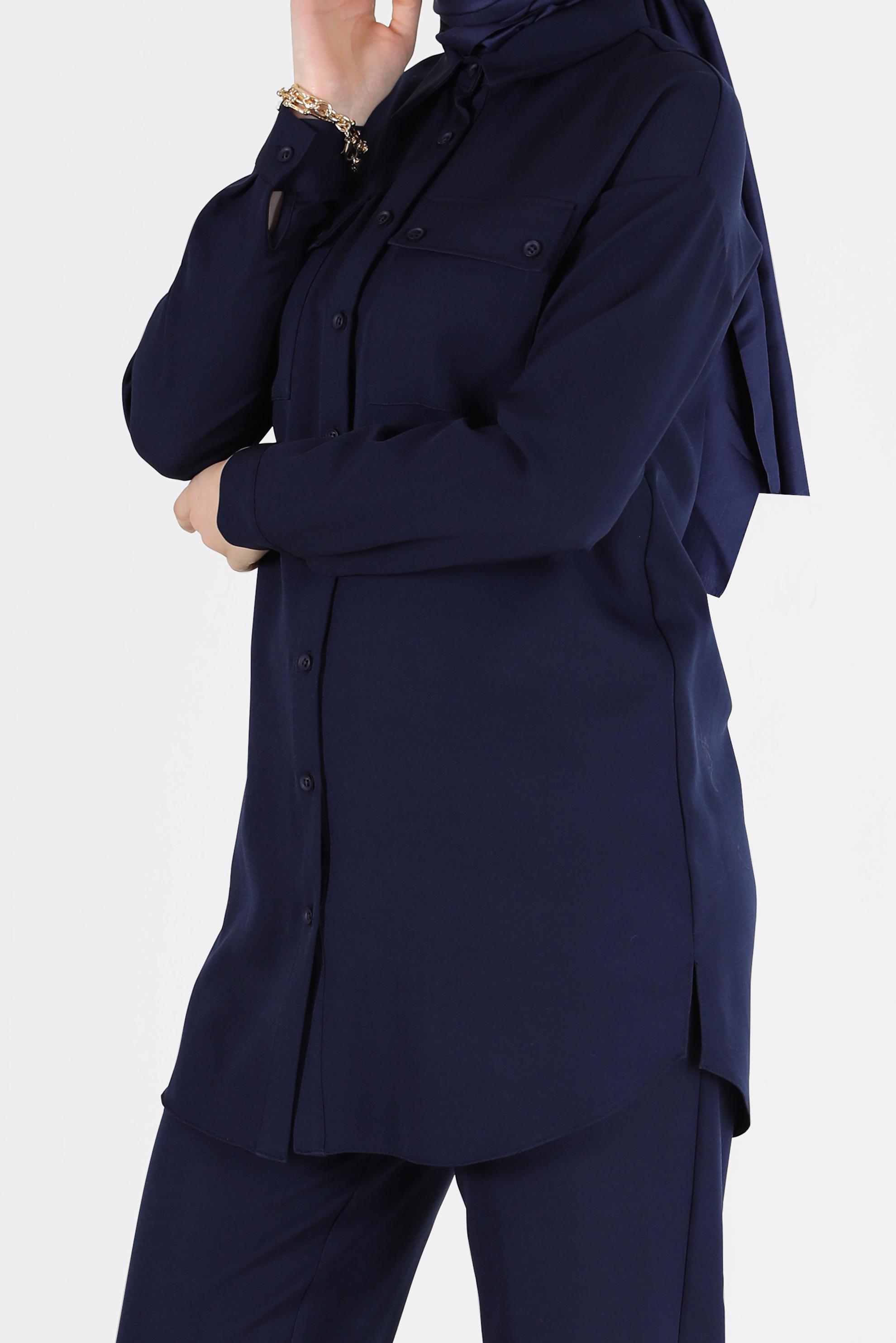 Tesettür giyim LACİVERT DÜĞME DETAYLI CEPLİ İKİLİ PANT. TAKIM 42312 