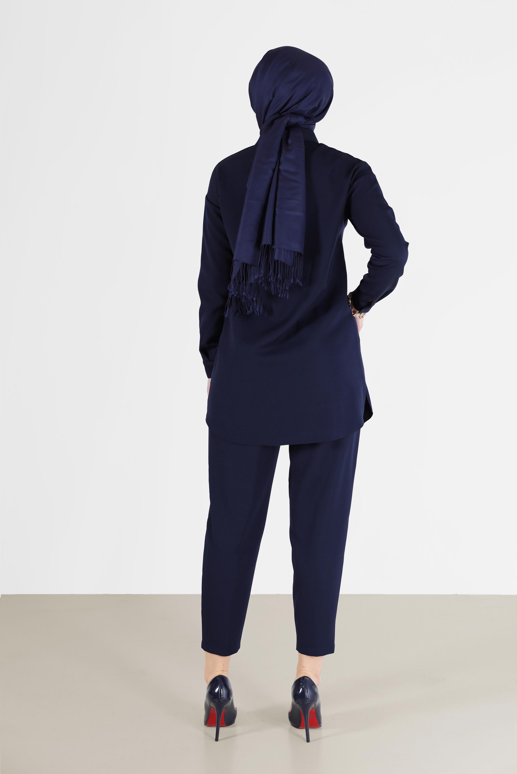 Tesettür giyim LACİVERT DÜĞME DETAYLI CEPLİ İKİLİ PANT. TAKIM 42312 