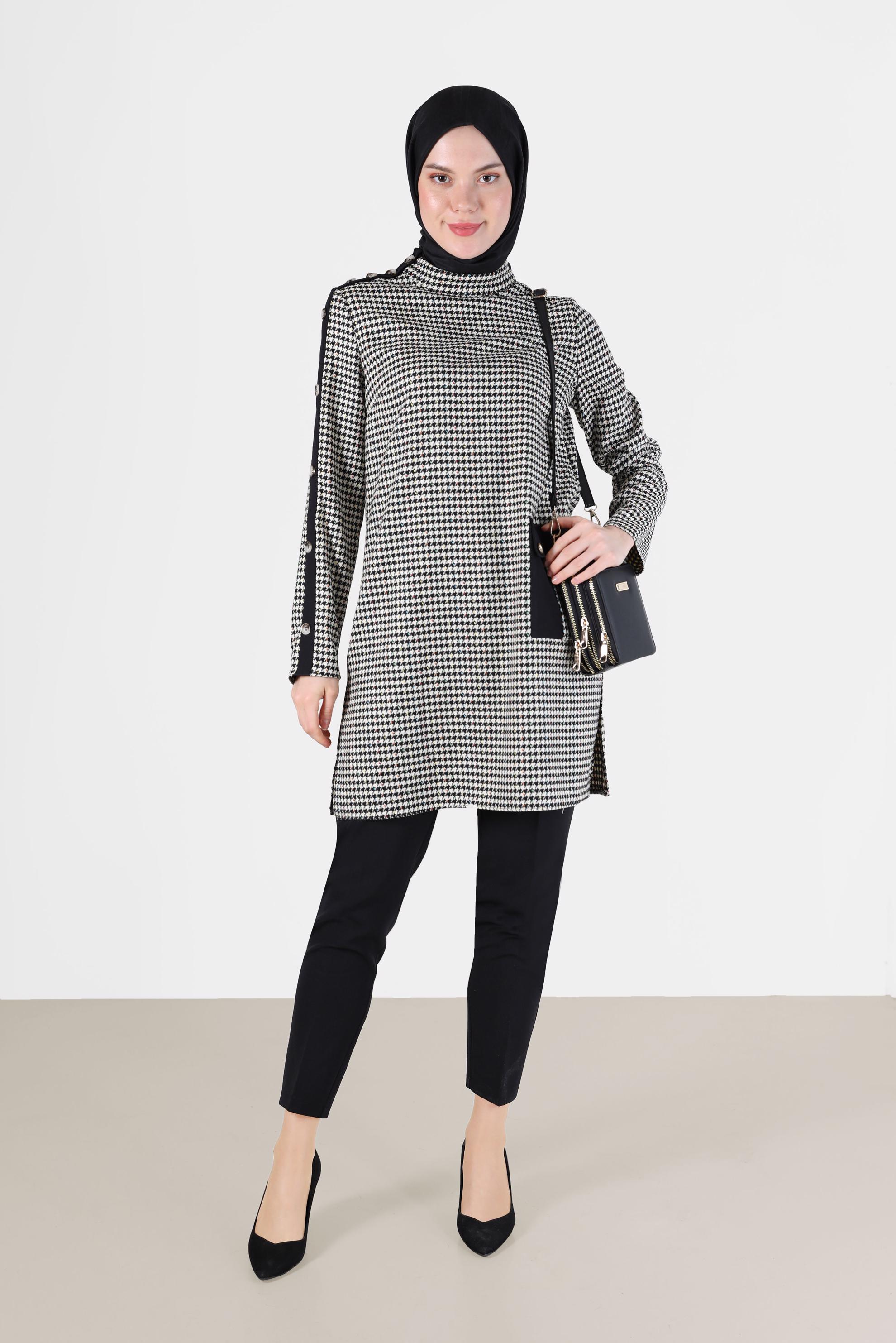 Tesettür giyim SİYAH DÜĞME VE CEP DETAYLI KAZAYAĞI DESEN İKİLİ PANT. TAKIM 42317 