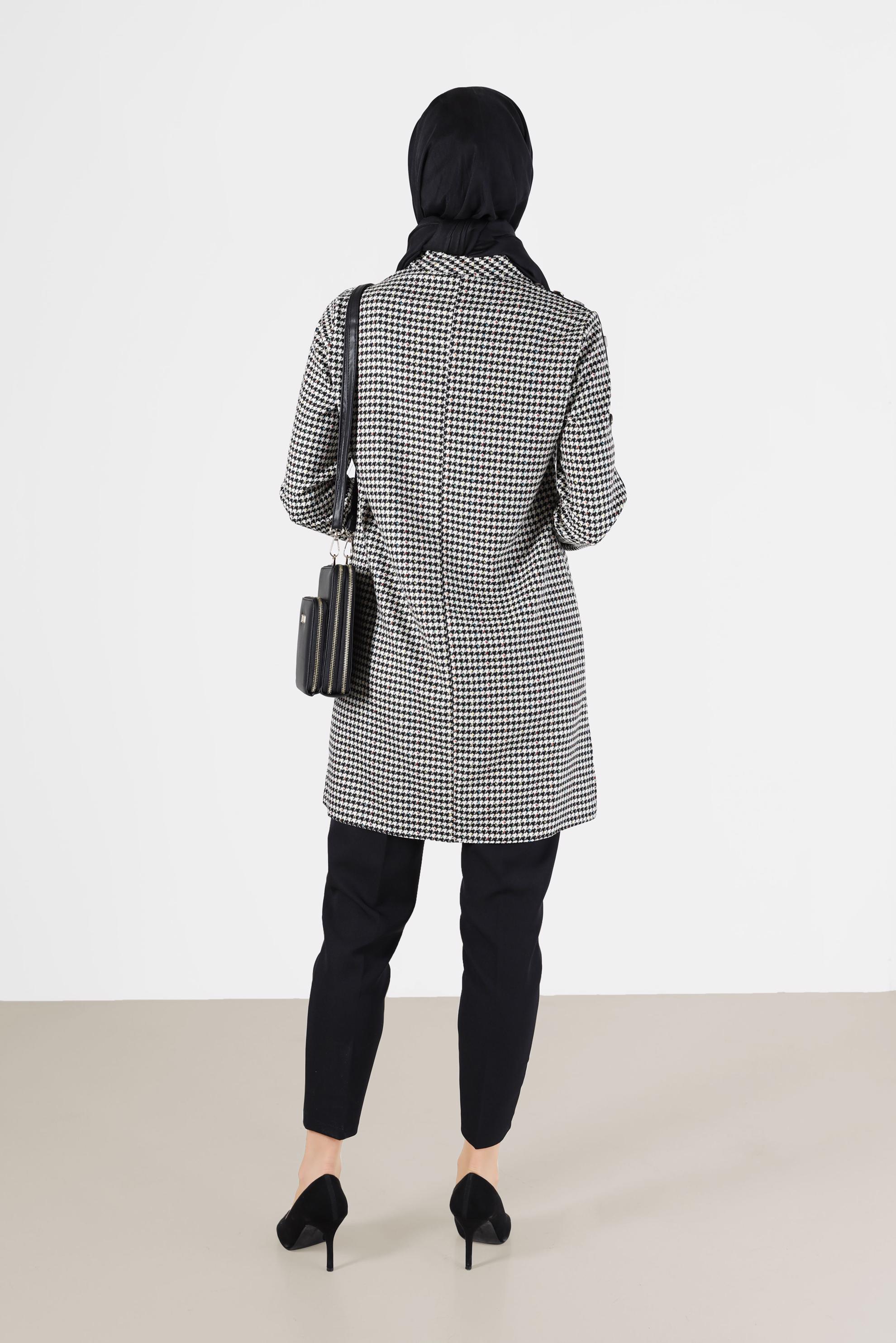 Tesettür giyim SİYAH DÜĞME VE CEP DETAYLI KAZAYAĞI DESEN İKİLİ PANT. TAKIM 42317 