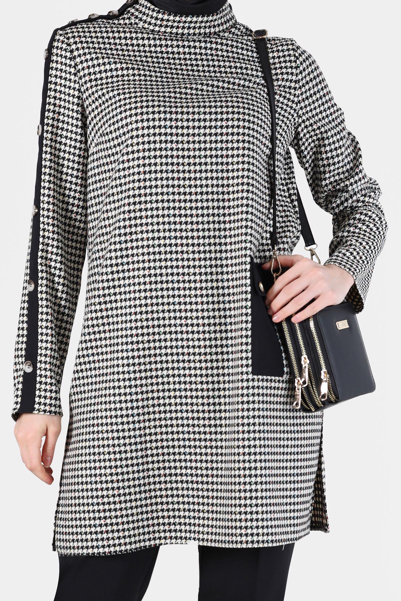 Tesettür giyim SİYAH DÜĞME VE CEP DETAYLI KAZAYAĞI DESEN İKİLİ PANT. TAKIM 42317 