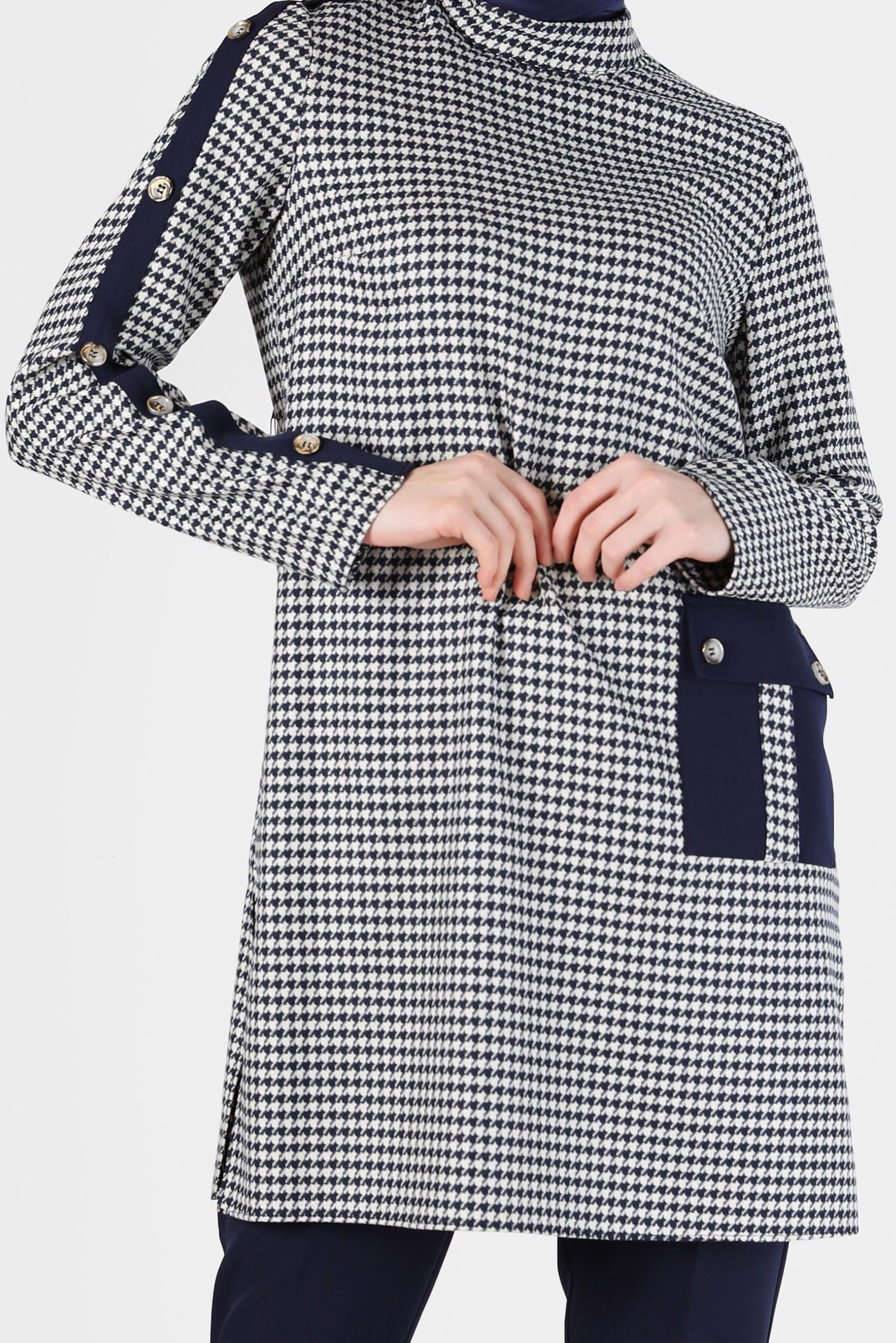 Tesettür giyim LACİVERT DÜĞME VE CEP DETAYLI KAZAYAĞI DESEN İKİLİ PANT. TAKIM 42317 