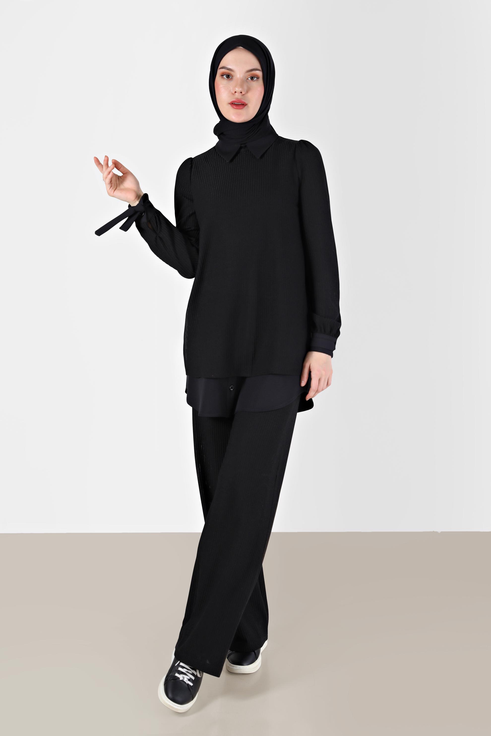 Tesettür giyim SİYAH GÖMLEK PARÇA DETAYLI KAŞKORSE İKİLİ PANT. TAKIM 42363 