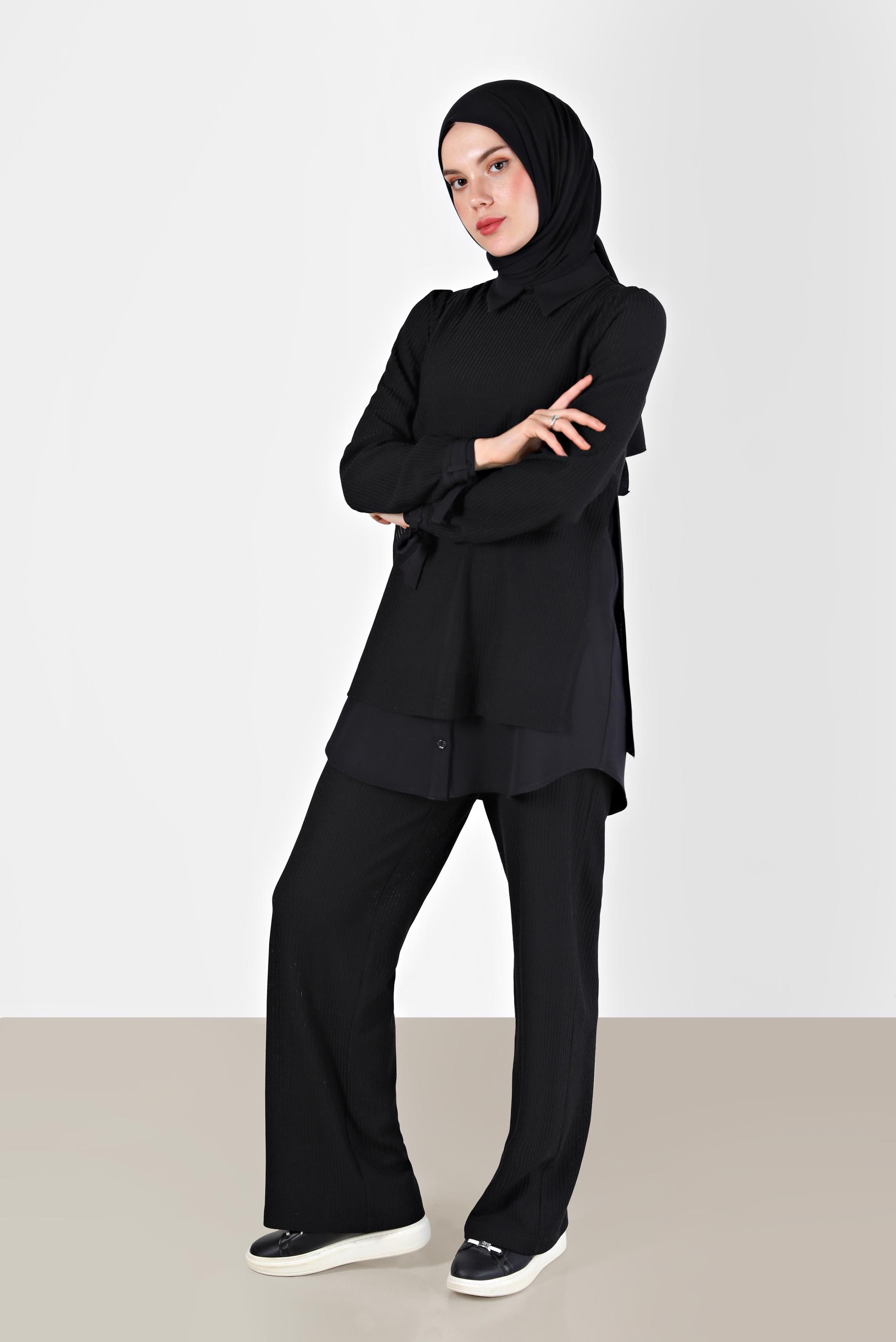 Tesettür giyim SİYAH GÖMLEK PARÇA DETAYLI KAŞKORSE İKİLİ PANT. TAKIM 42363 