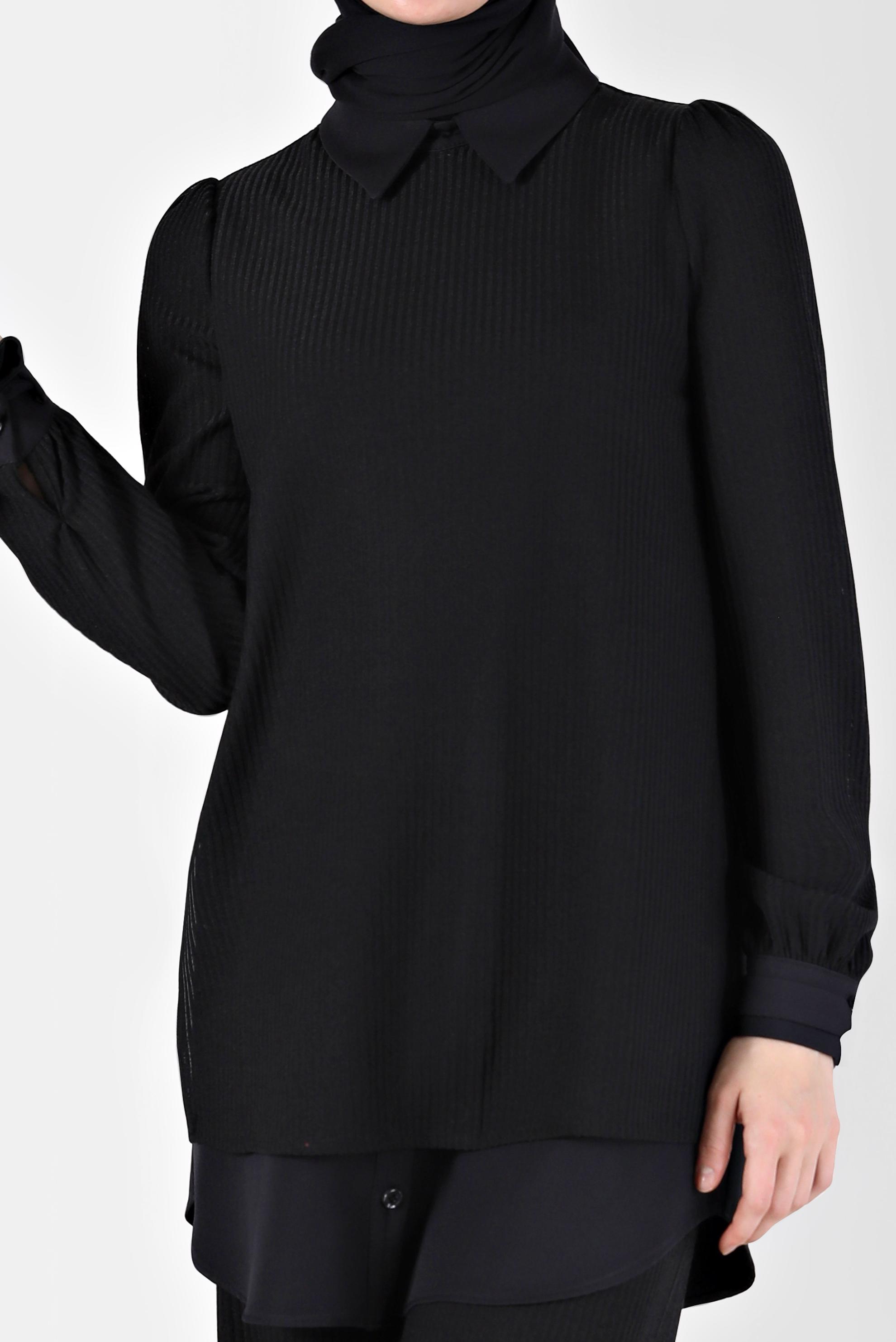 Tesettür giyim SİYAH GÖMLEK PARÇA DETAYLI KAŞKORSE İKİLİ PANT. TAKIM 42363 