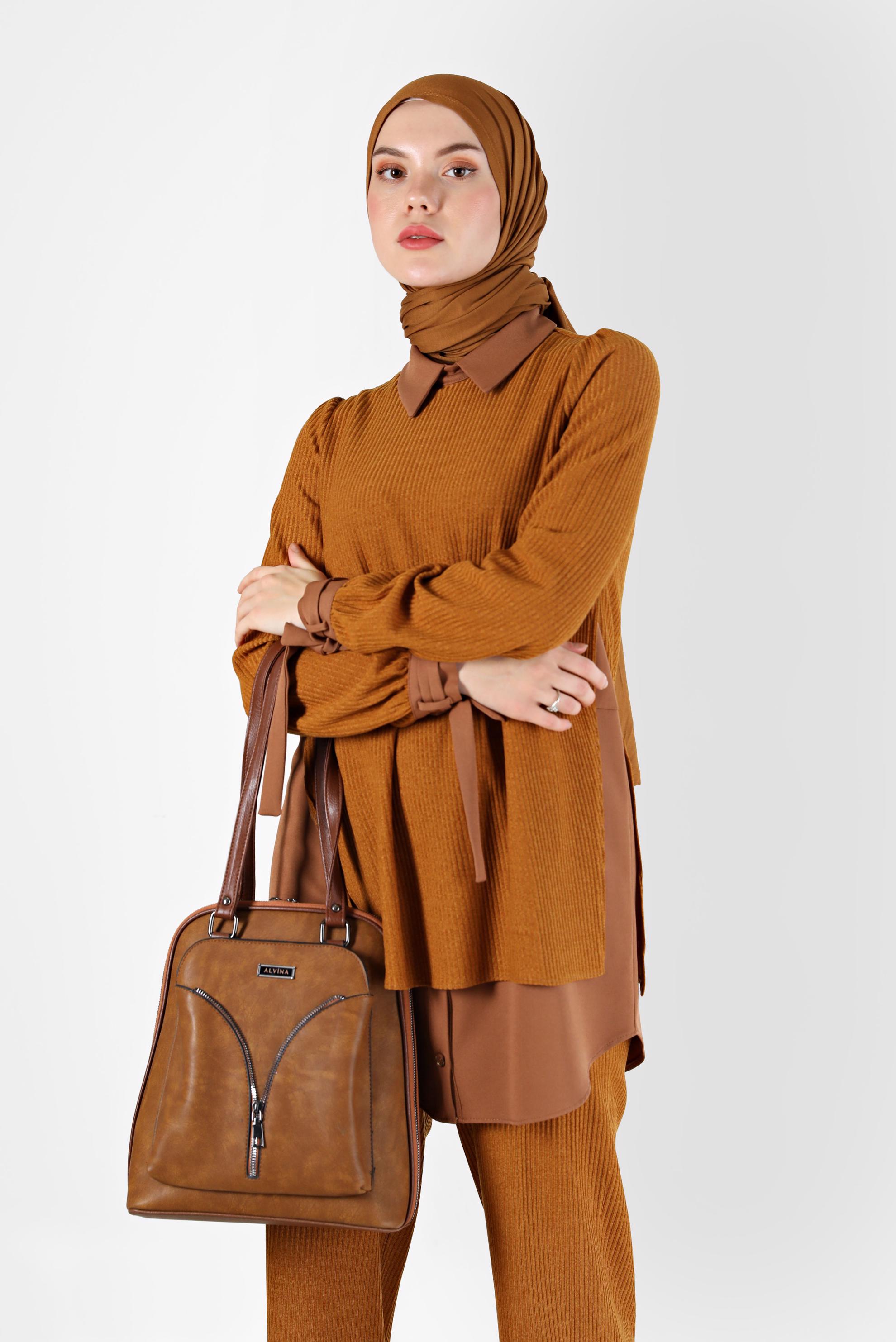 Tesettür giyim SARI GÖMLEK PARÇA DETAYLI KAŞKORSE İKİLİ PANT. TAKIM 42363 