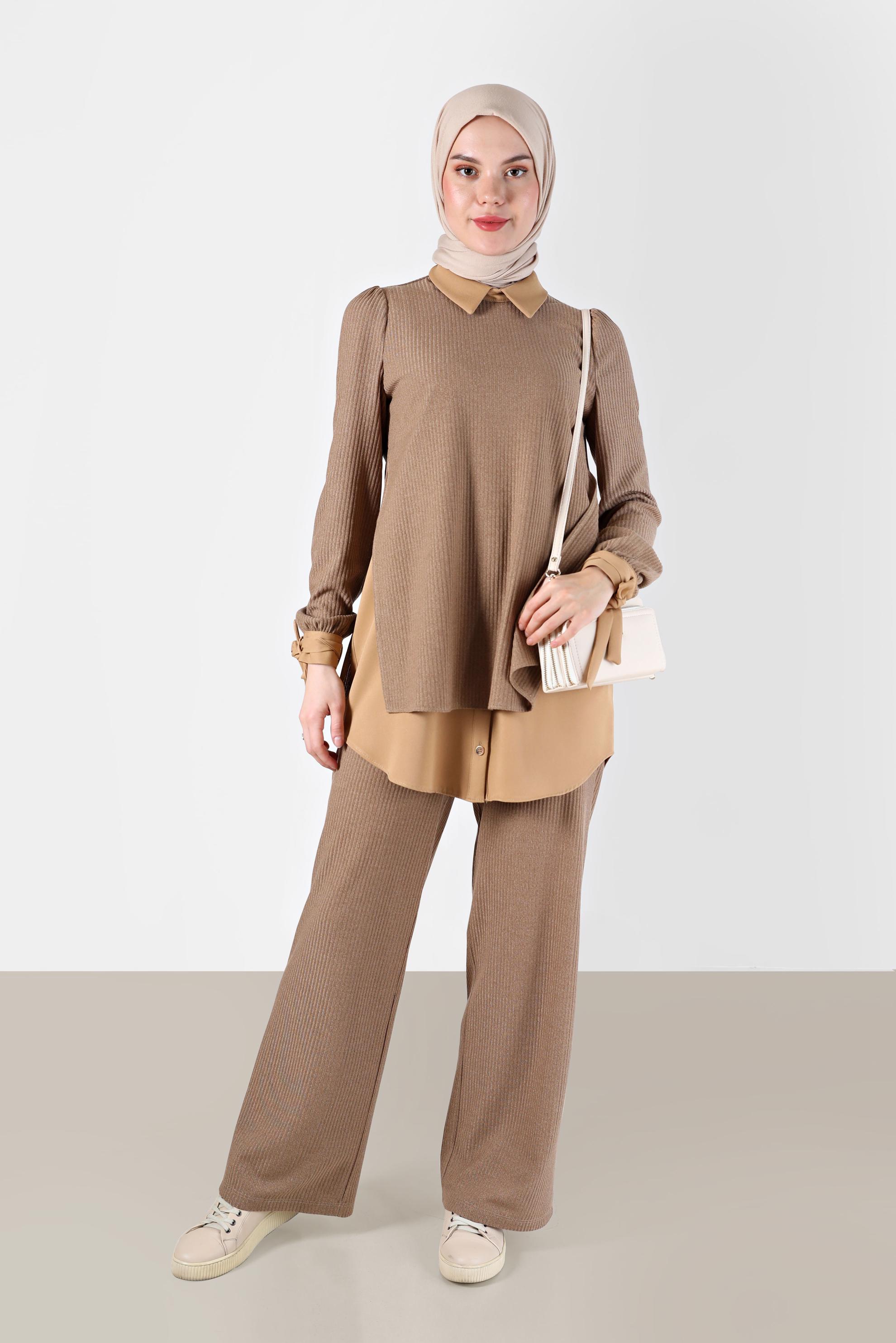 Tesettür giyim KAHVE GÖMLEK PARÇA DETAYLI KAŞKORSE İKİLİ PANT. TAKIM 42363 
