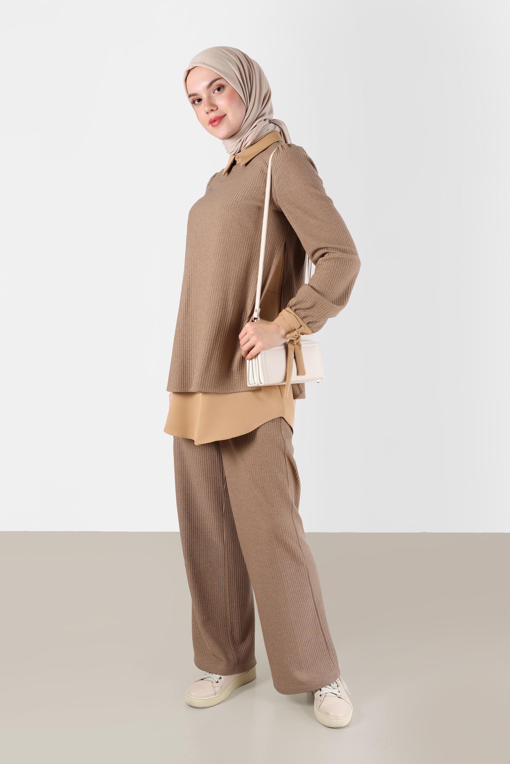 Tesettür giyim KAHVE GÖMLEK PARÇA DETAYLI KAŞKORSE İKİLİ PANT. TAKIM 42363 