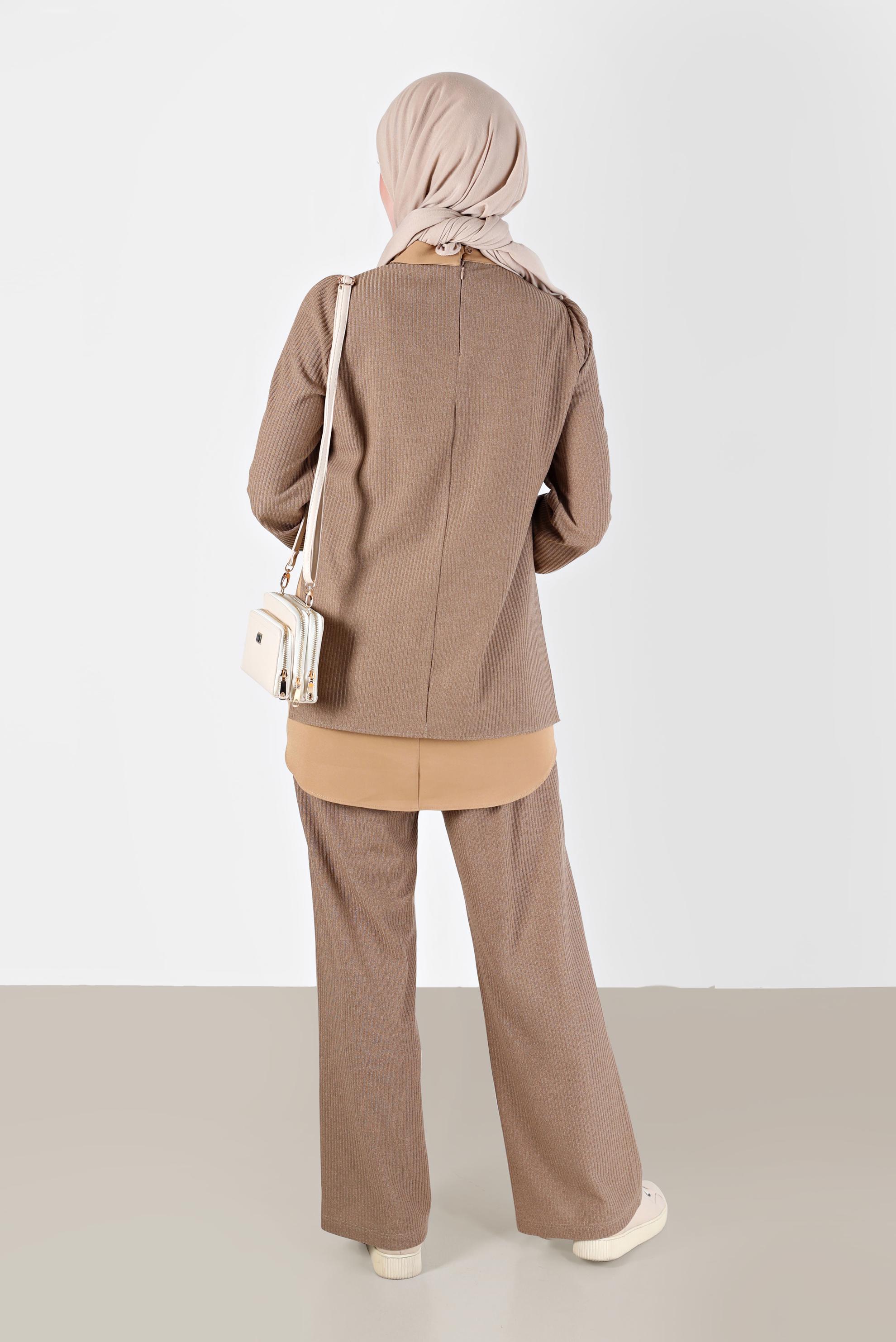 Tesettür giyim KAHVE GÖMLEK PARÇA DETAYLI KAŞKORSE İKİLİ PANT. TAKIM 42363 